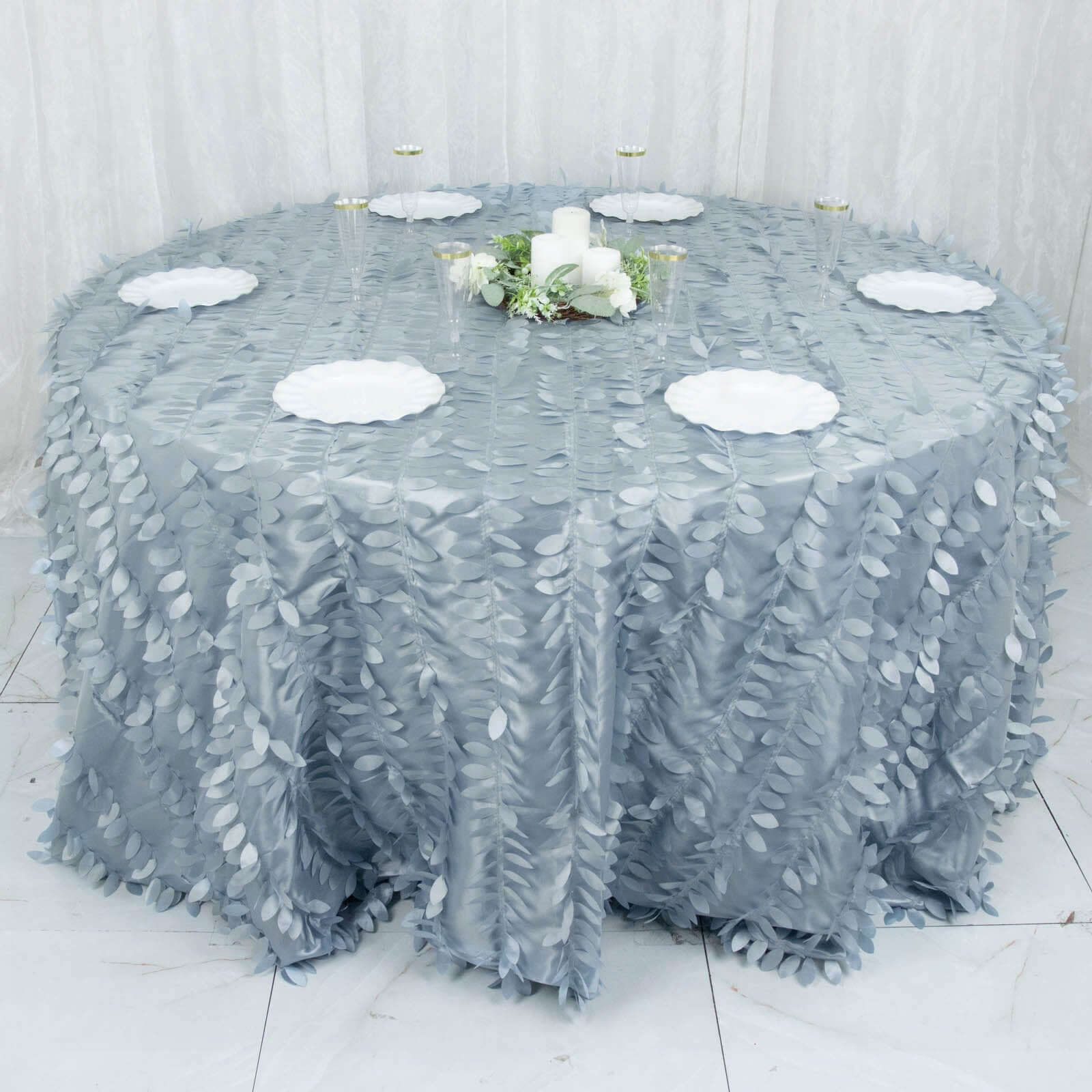 Taffeta 132" Round Tablecloth Dusty Blue | 3D Leaf Petal Design Seamless Table Cover