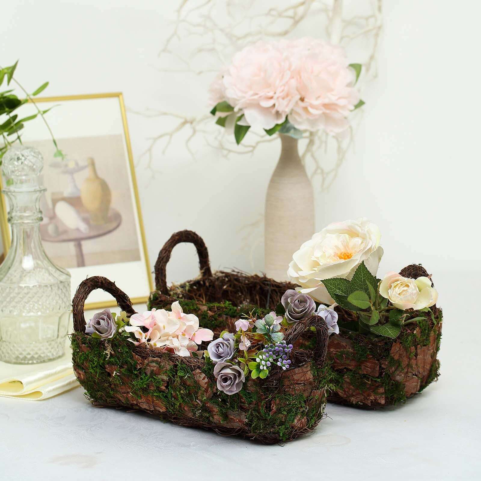 Set of 2 Rustic Planter Boxes Preserved Moss Log Shaped with Handle - Flower Basket Centerpieces 13", 15"