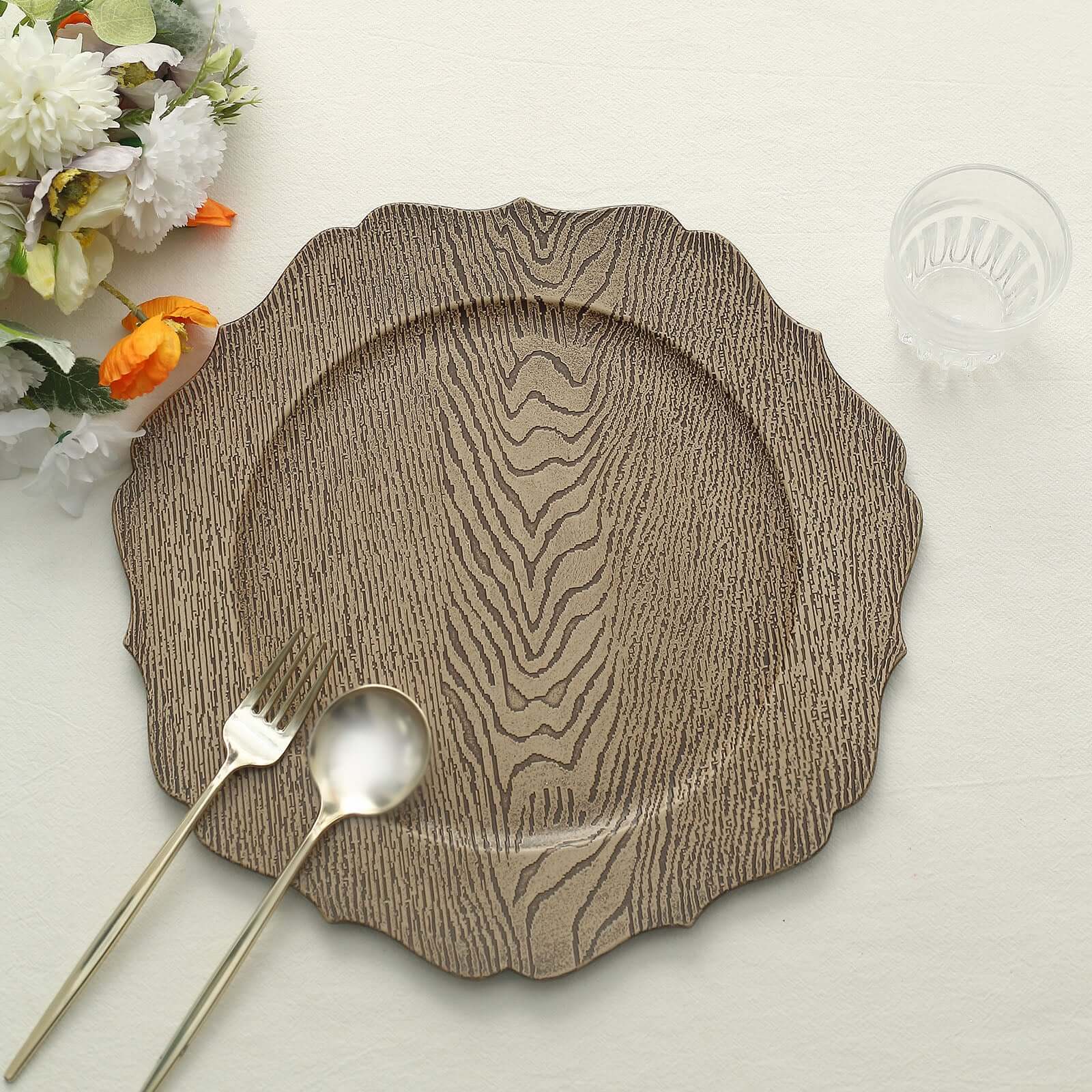 6-Pack Acrylic Round Charger Plates 13" in Rustic Natural with Wood Grain Scalloped Rim, Decorative Dinner Party Charger Tableware