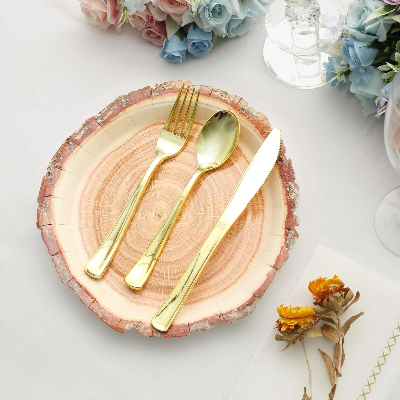 25-Pack Paper 10" Round Dinner Plates in Natural Wood Slice Print - Rustic & Nature-Inspired Disposable Party Plates