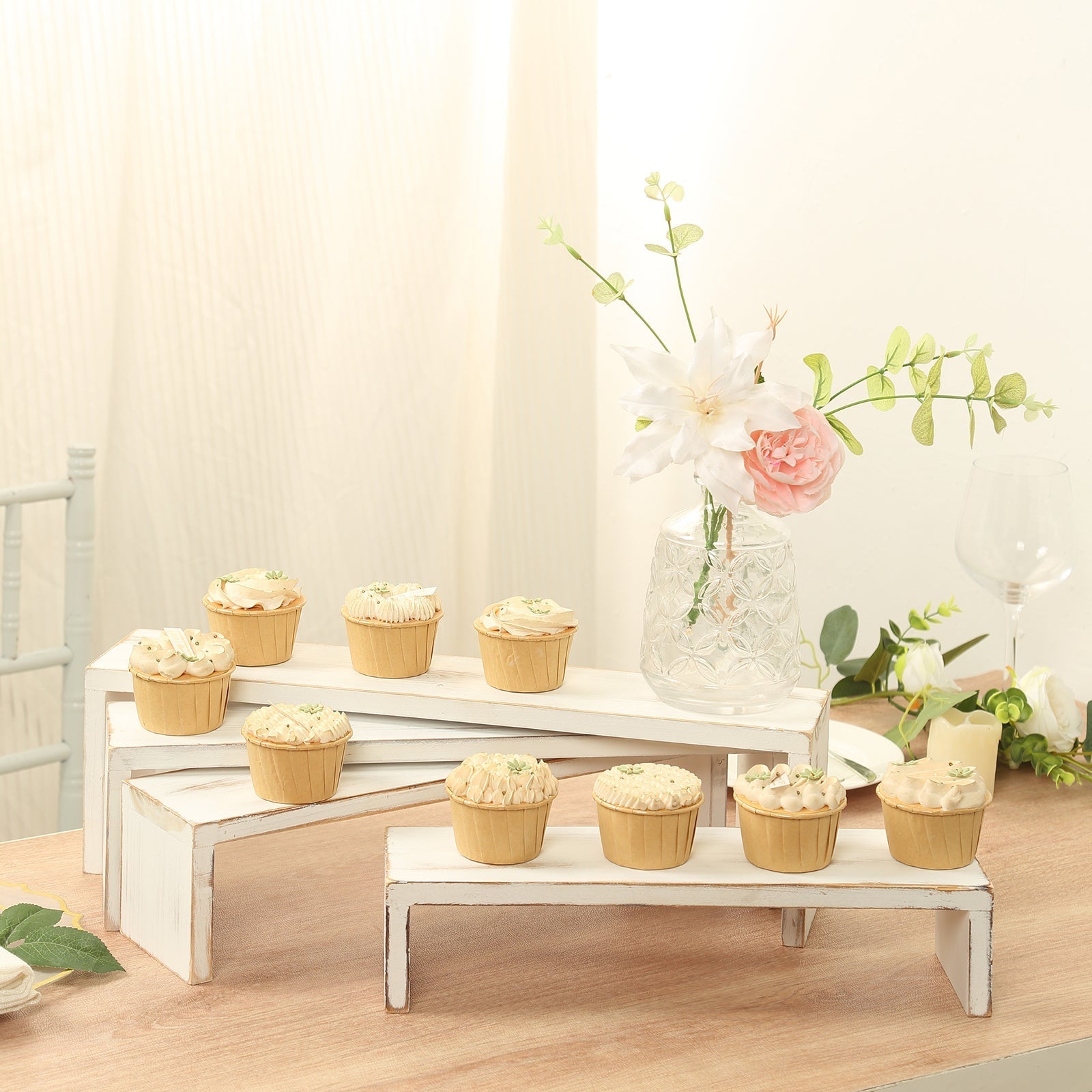 Set of 4 Wooden Display Risers Whitewash Rectangular Bench Style - Stackable Rustic Farmhouse Nesting Stands 14", 16", 17", 19"