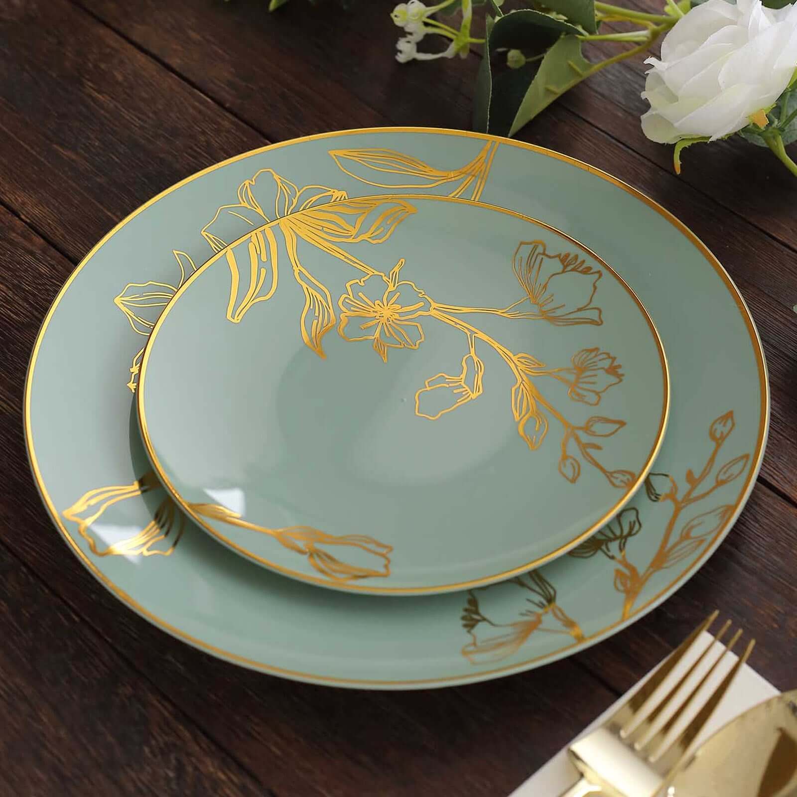Set of 20 Plastic Round Dinner and Dessert Plates in Dusty Sage Green with Metallic Gold Floral Design - Stylish Disposable Dinnerware 8", 10"