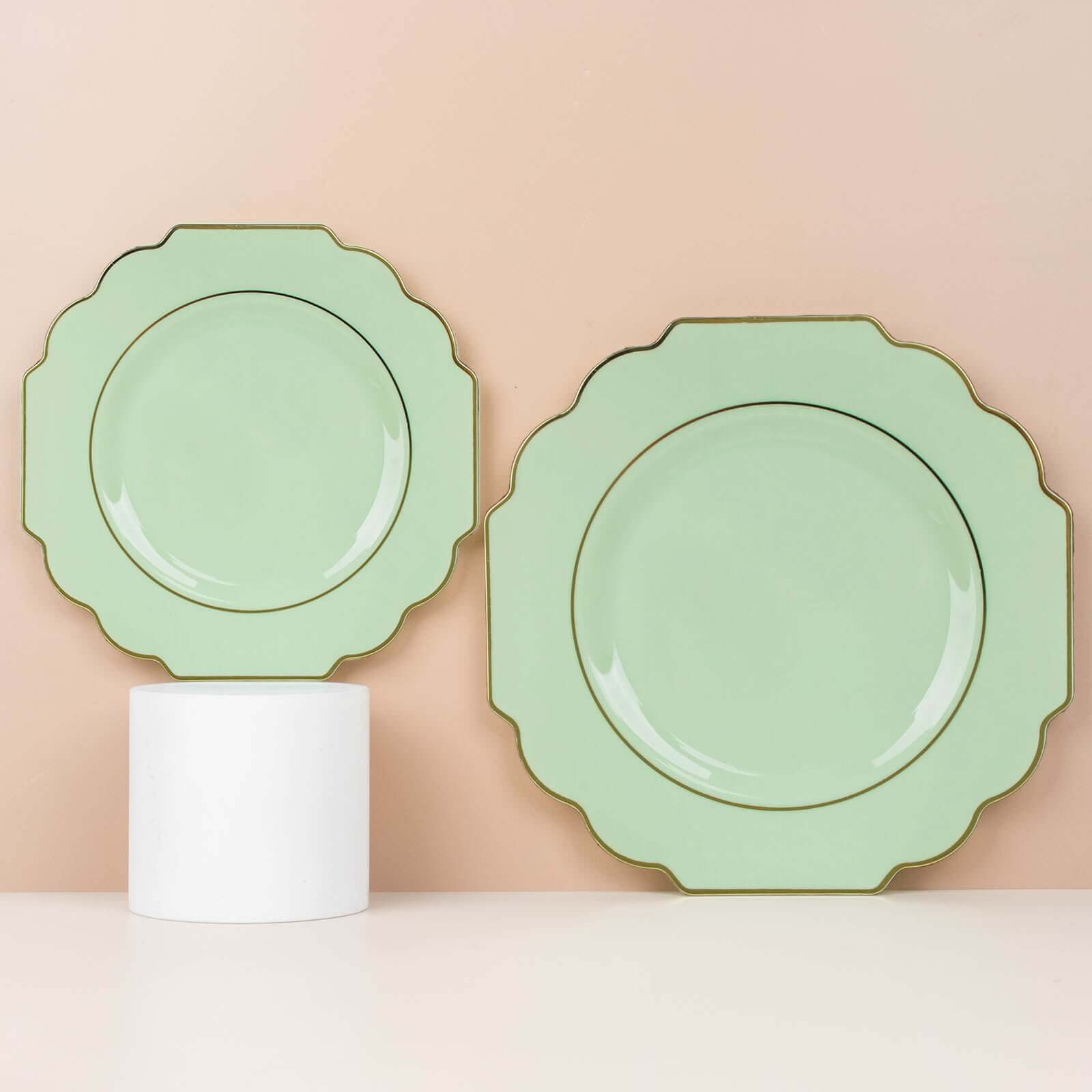 10-Pack Plastic Dinner Plates in Sage Green Baroque Design with Scalloped Gold Rim - Heavy Duty Disposable Party Plates 11"