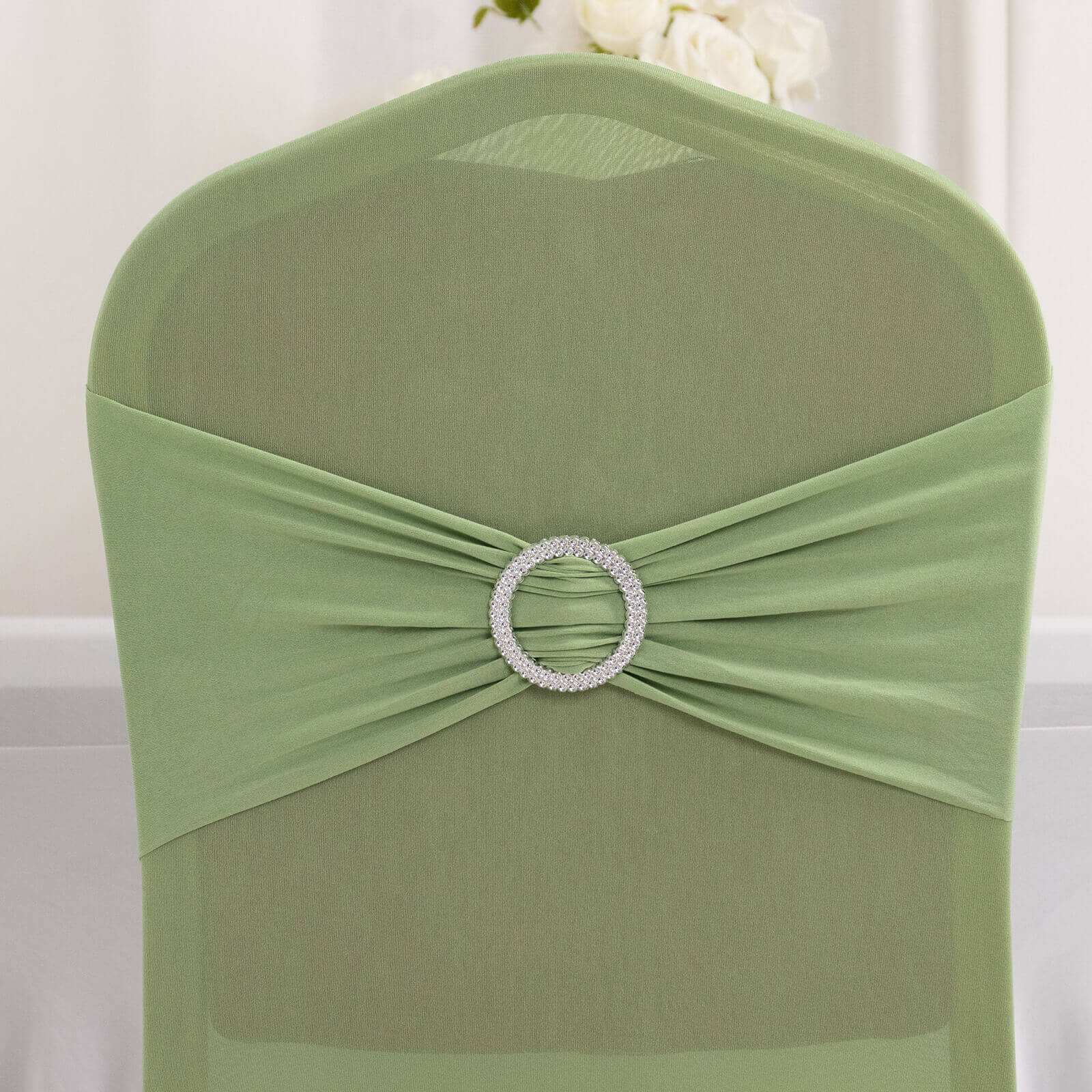 Spandex Chair Cover with Sage Green Rhinestone Buckled Sash Band Blush - Stretch Fitted Slipcover