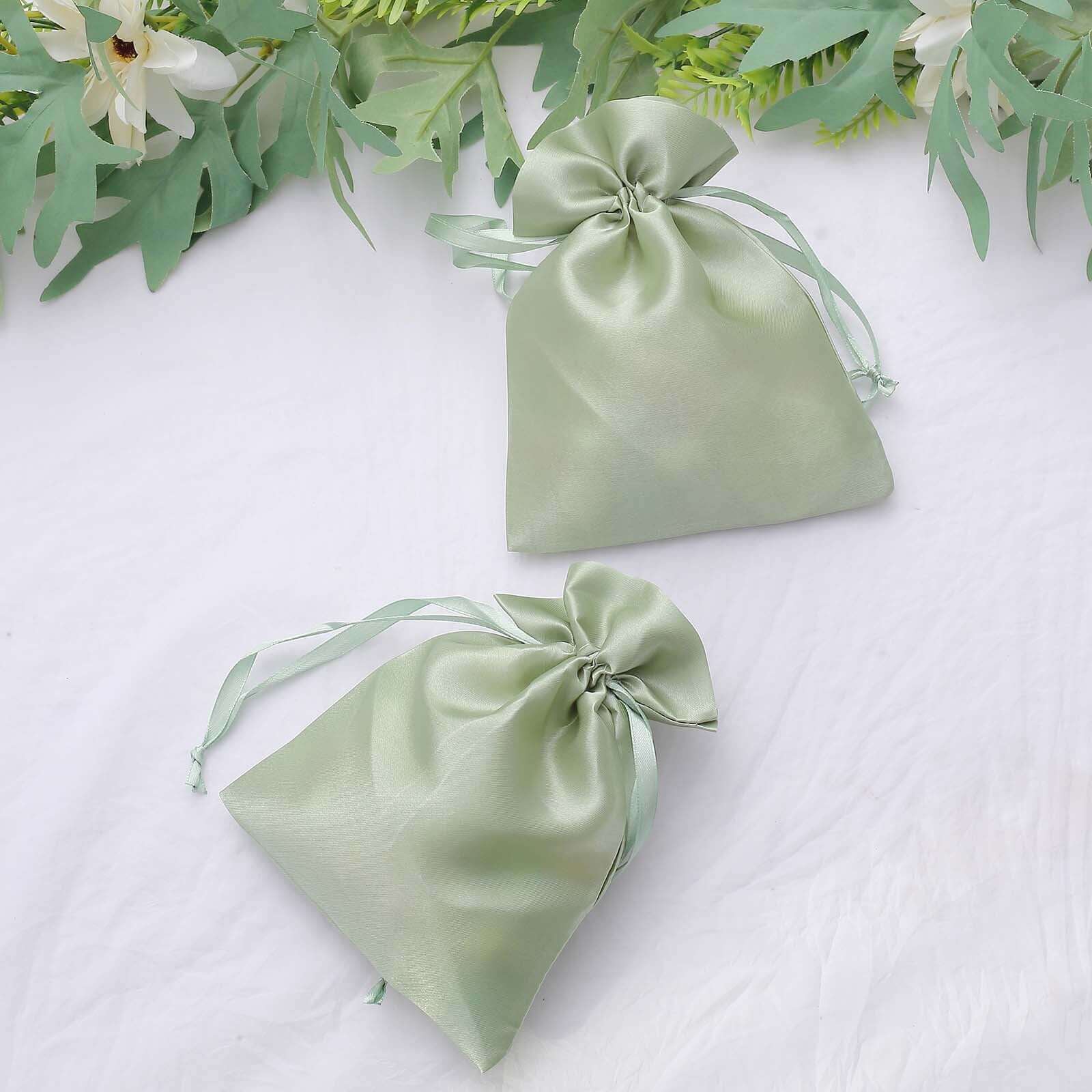 12 Pack 5"x7" Sage Green Satin Drawstring Wedding Party Favor Gift Bags, Drawstring Pouch Gift Bags