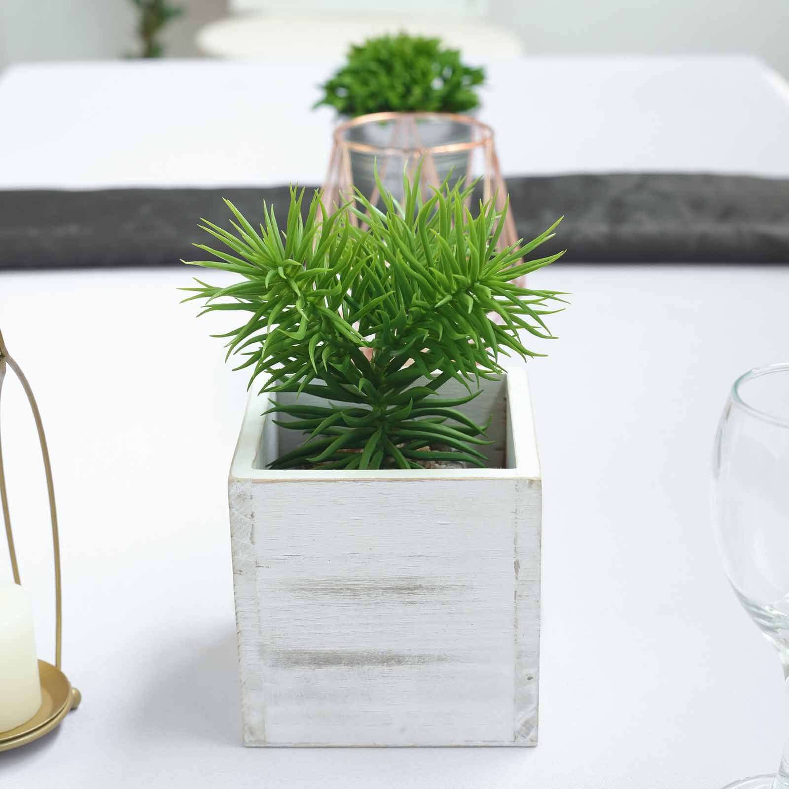 2 Pack 5" Whitewash Square Wood Planter Box Set With Removable Plastic Liners