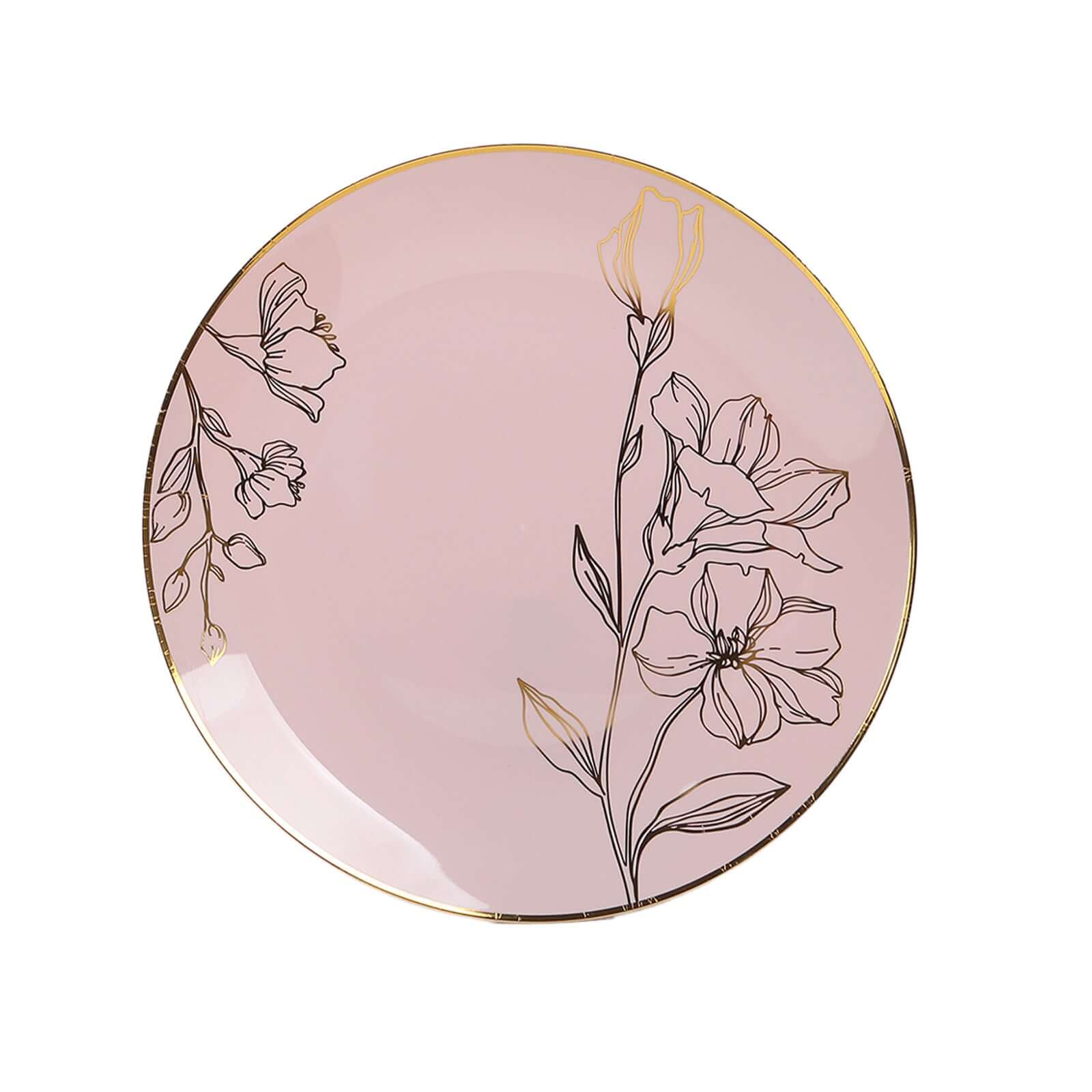 Set of 20 Plastic Round Dinner and Dessert Plates in Dusty Rose with Metallic Gold Floral Design - Stylish Disposable Dinnerware 8", 10"