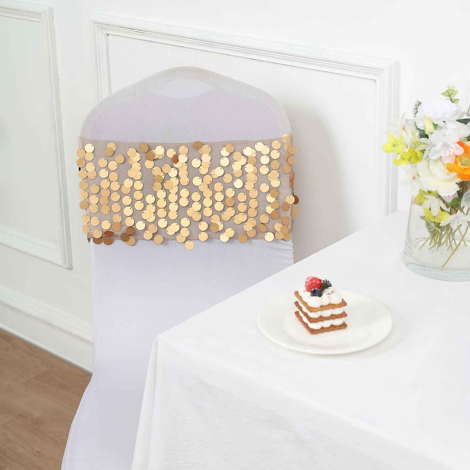5 Pack Big Payette Sequin 13"x10" Chair Sash Bands Matte Champagne - Stylish Glittering Decor for Weddings & Gatherings