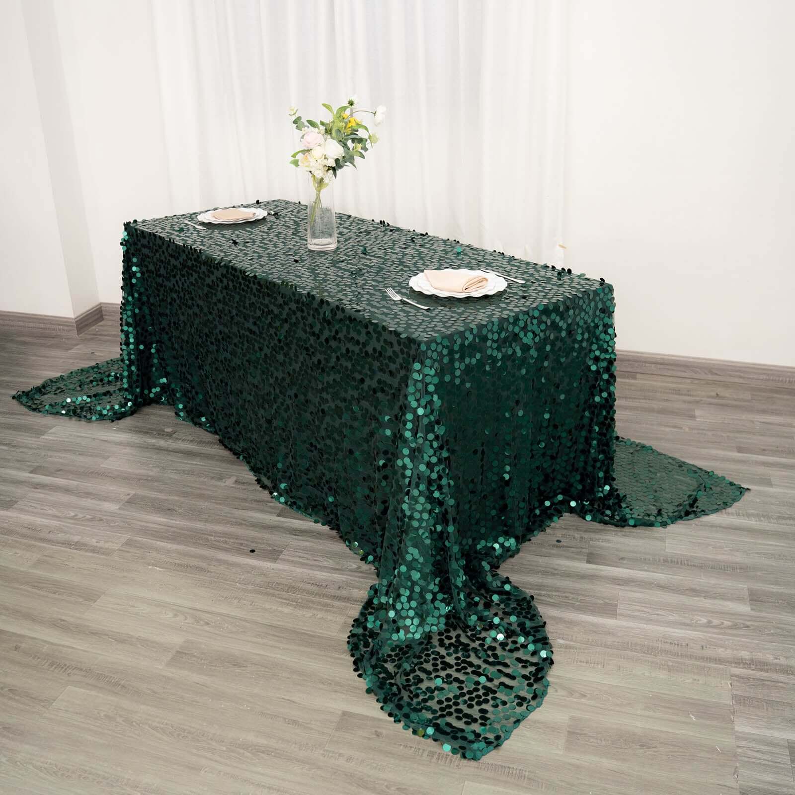 Sequin 90"x156" Rectangle Tablecloth Hunter Emerald Green - Seamless Big Payette Table Cover