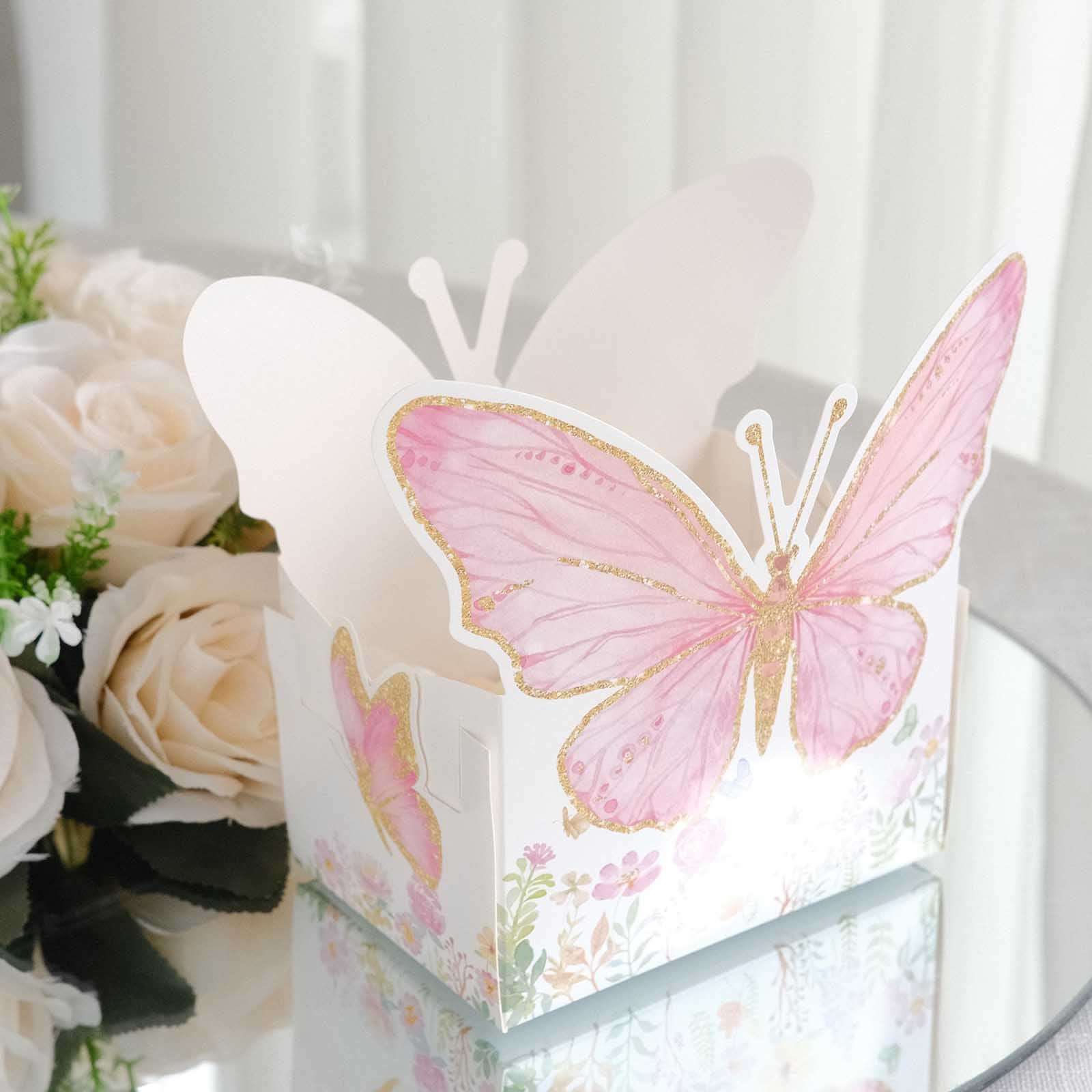 25-Pack Disposable Food Trays White/Pink Glitter Butterfly Design Cardstock - Whimsical Disposable Serving Tray Food Boats for Girls Birthday Baby Shower Party Supplies 6"x7"