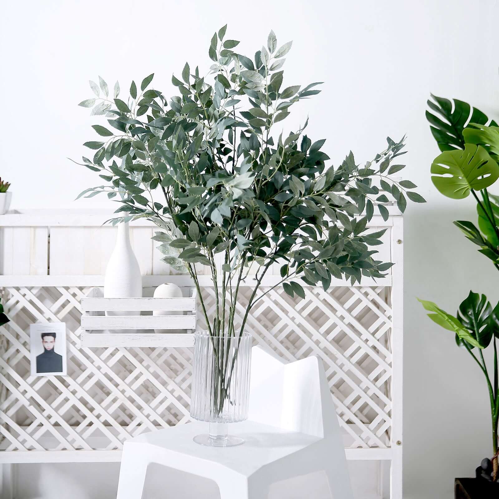 2 Bushes 42" Tall Frosted Green Artificial Silk Beech Leaf Branches, Faux Plant Stem Vase Fillers