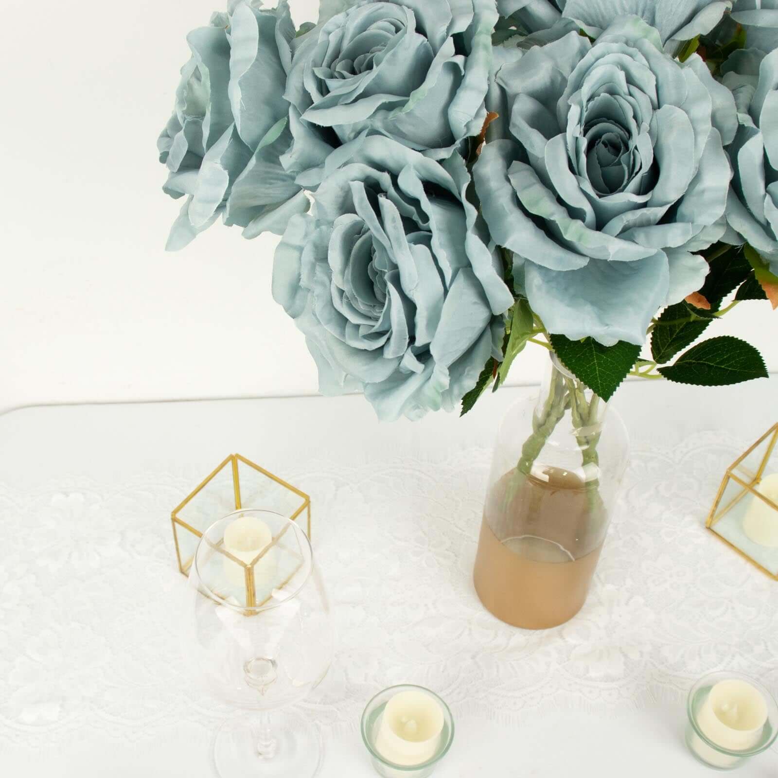 2 Bushes 17" Dusty Blue Premium Silk Jumbo Rose Flower Bouquet, High Quality Artificial Wedding Floral Arrangements