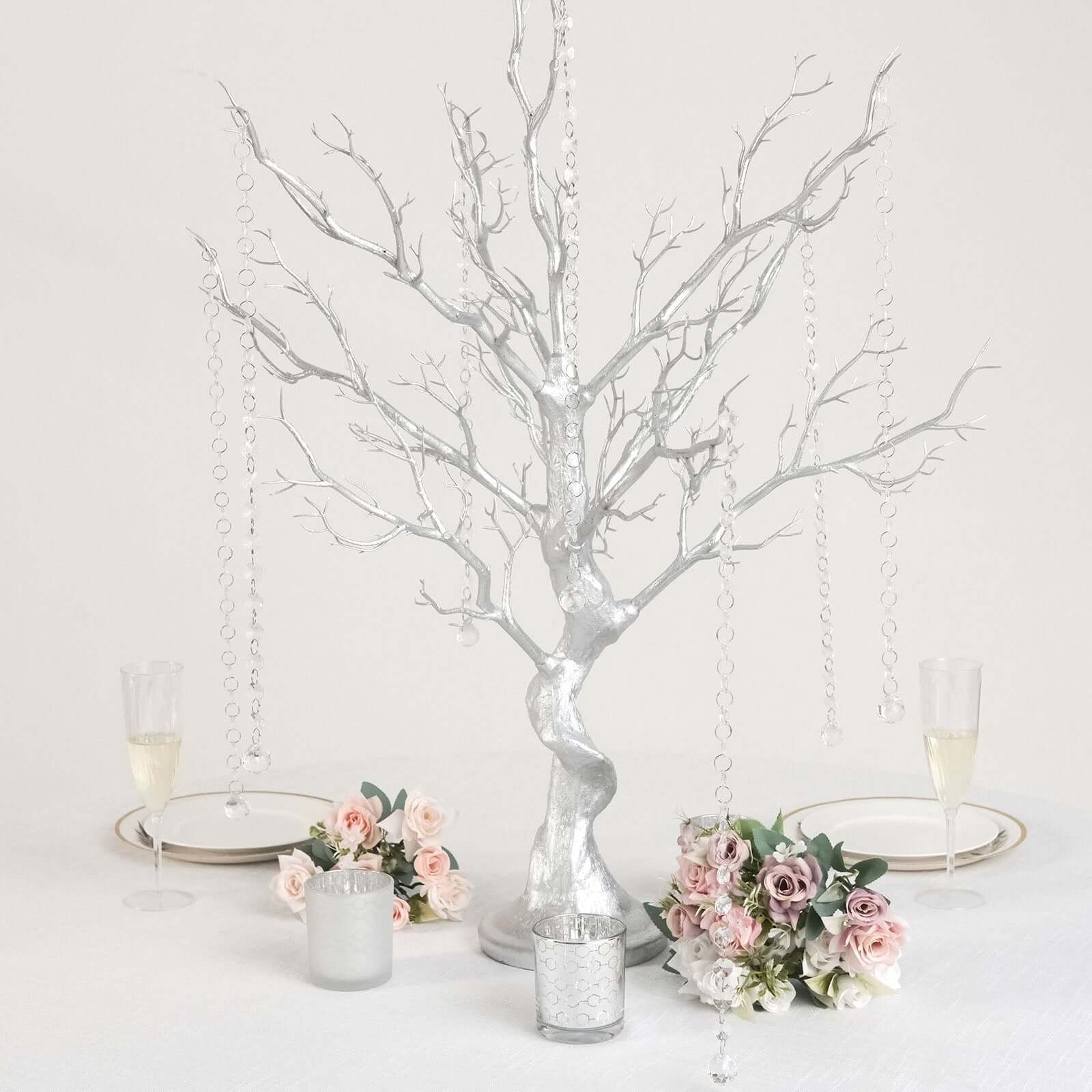 Manzanita Tree Centerpiece Metallic SIlver with 8 Acrylic Bead Chains - Easy Assembly Decorative Artificial Tree for Modern Weddings Parties & Event Displays 34"