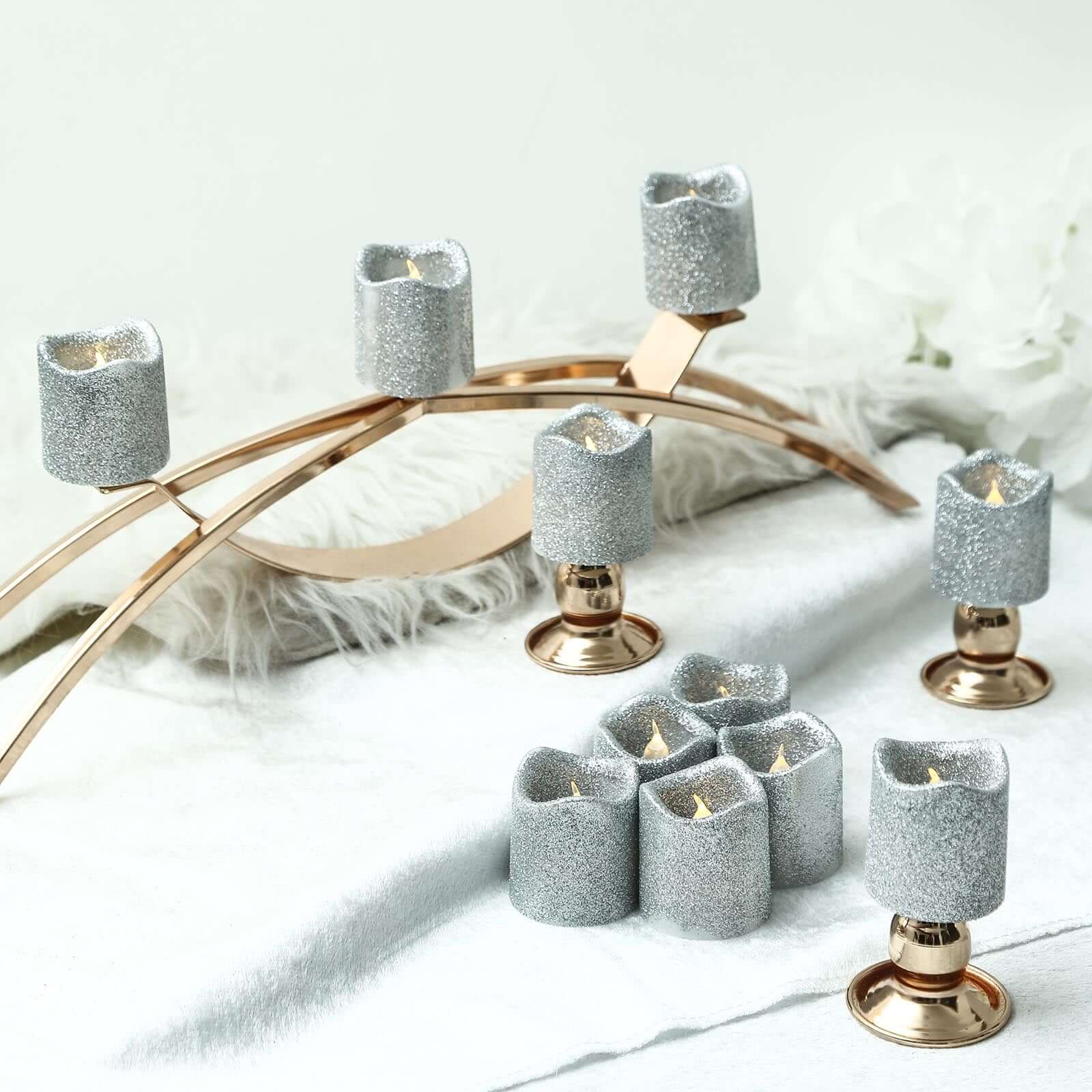 12-Pack LED Votive Candles Glittered Silver Design - Reusable Flameless Battery Operated Lights