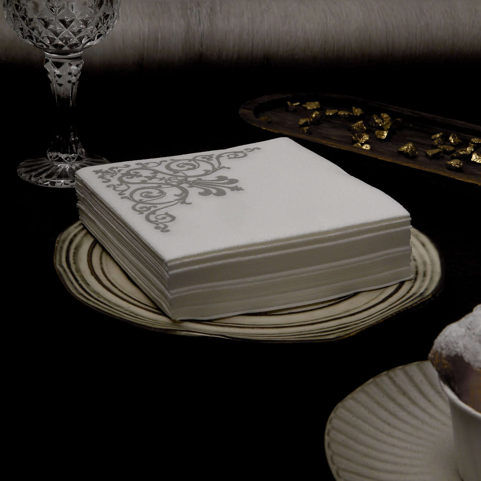 20 Pack Linen-Like Paper 5"x5" Napkins White - Silver Fleur Vintage Design - Classy Airlaid Cocktail Napkins for Events
