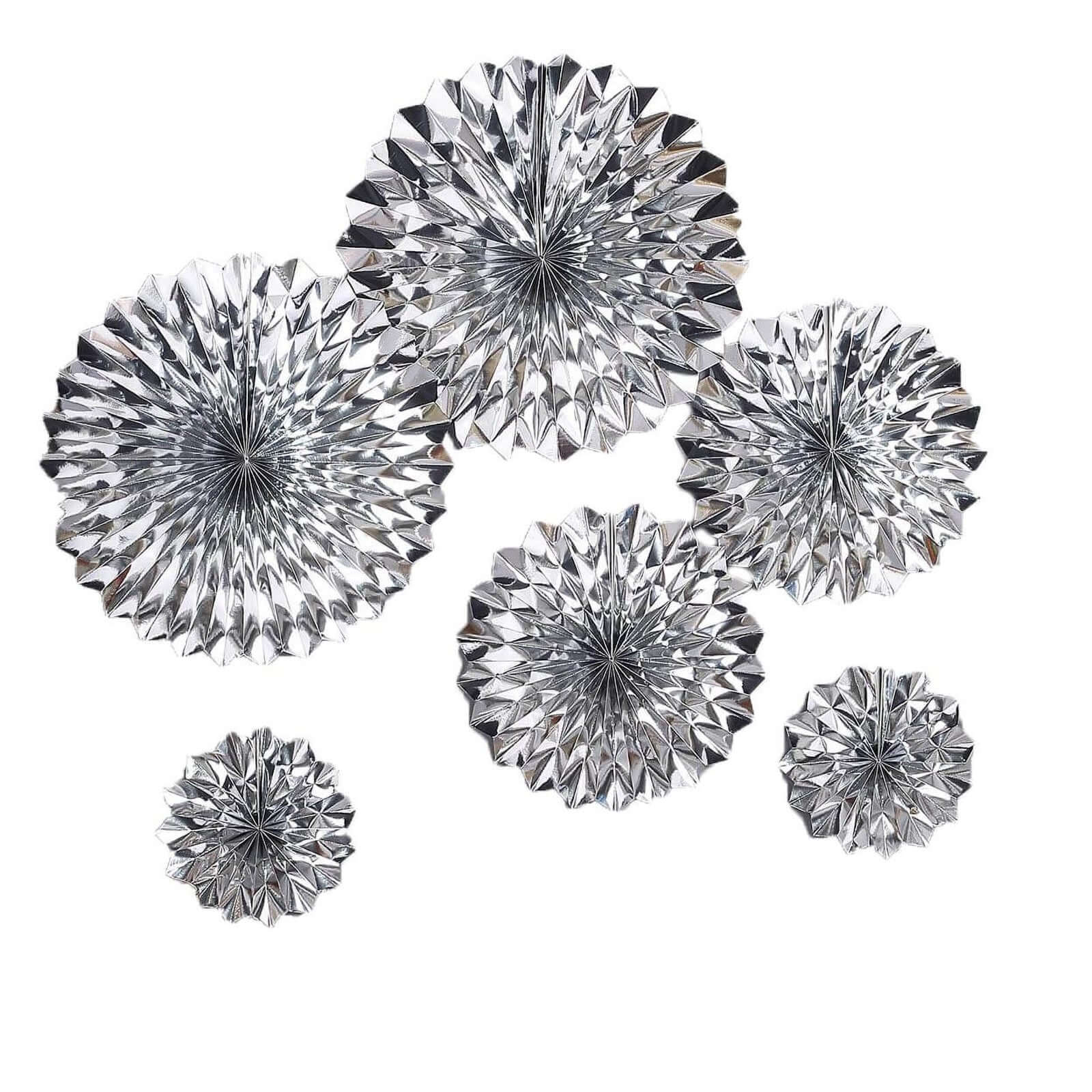 Set of 6 Metallic Silver Hanging Paper Fan Decorations, Pinwheel Wall Backdrop Party Kit - 8", 12", 16"