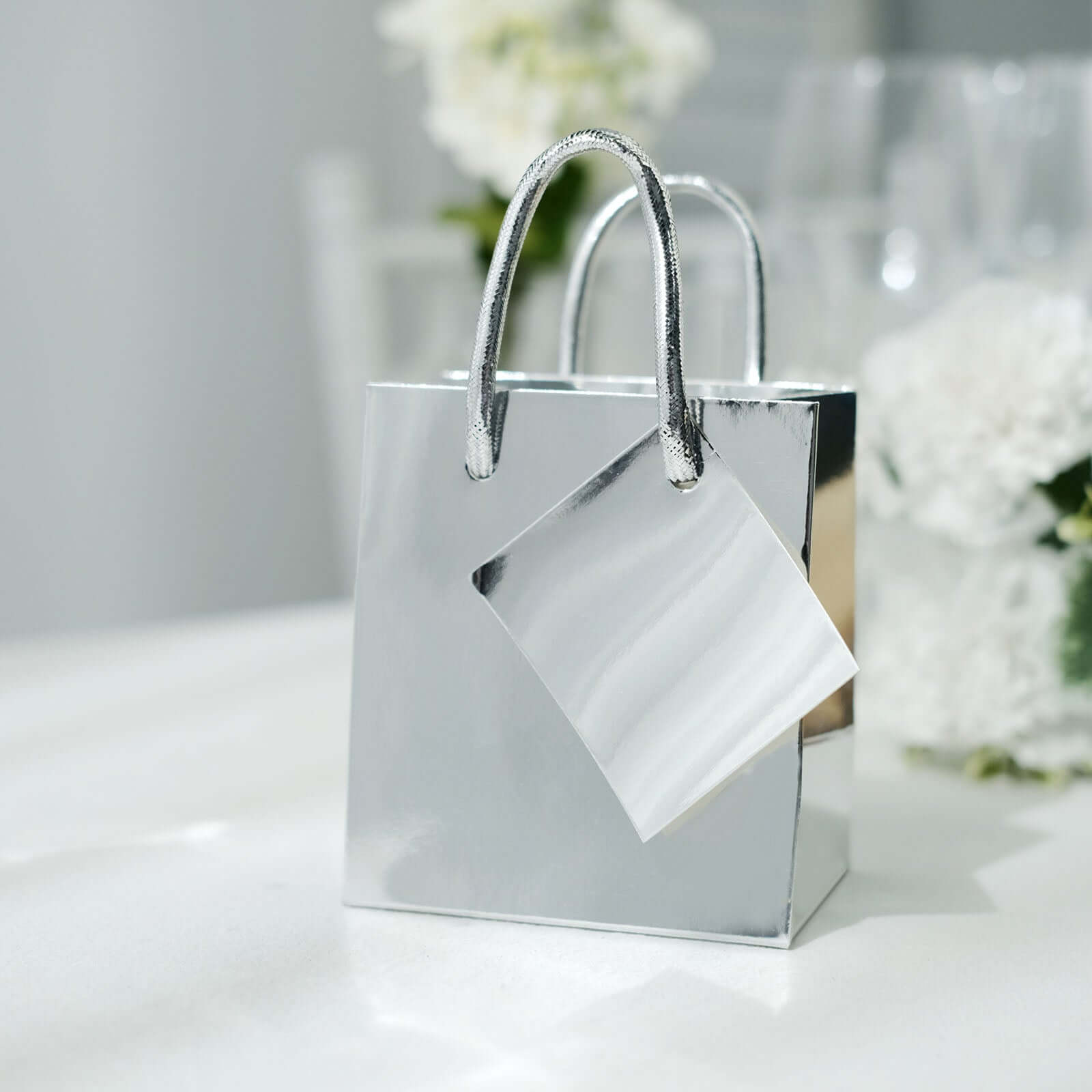 12 Pack 5" Shiny Metallic Silver Foil Paper Party Favor Bags With Handles, Small Gift Wrap Goodie Bags