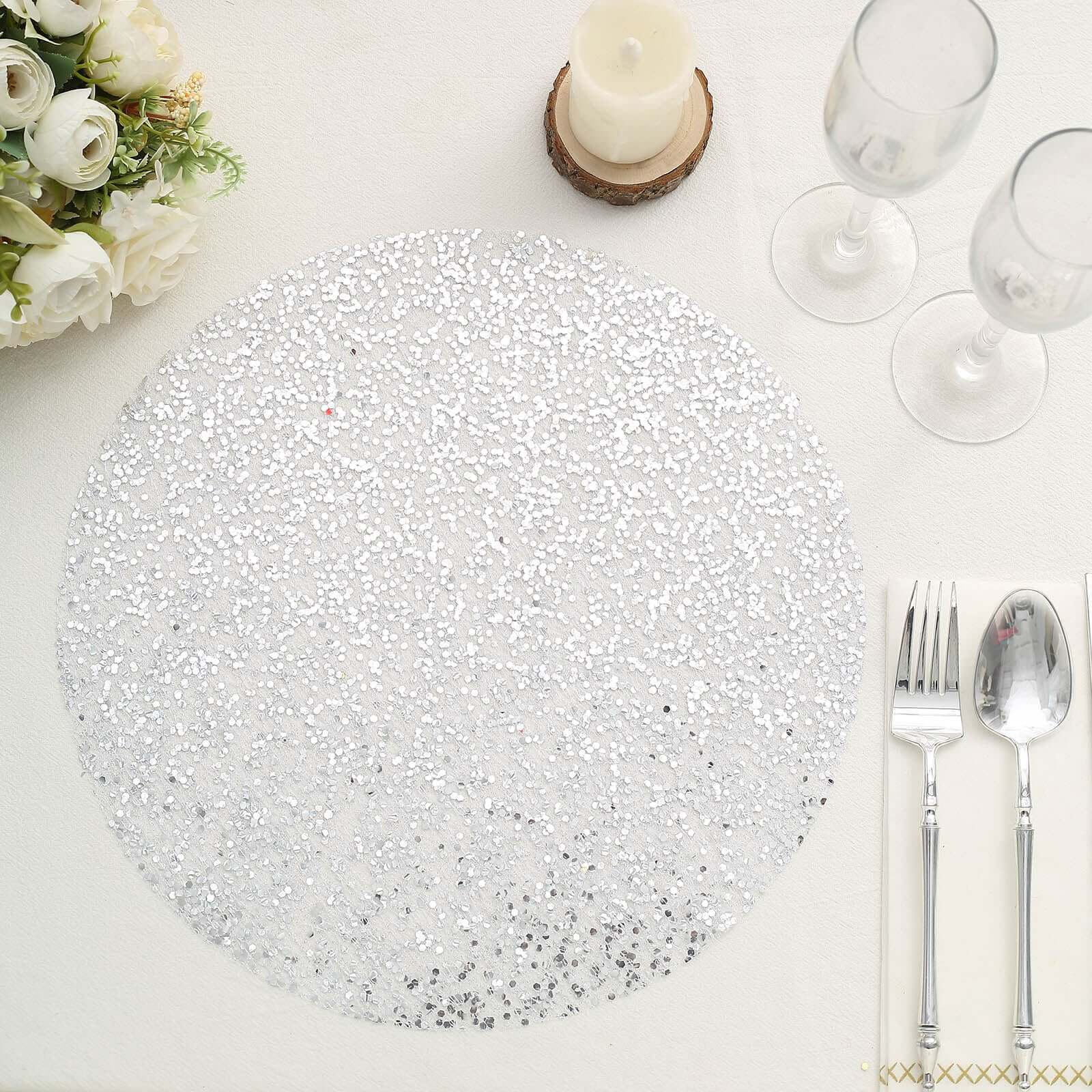 10-Pack Table Placemats Sequin Design Metallic Silver Round - Mesh Disposable Dust-Free Dining Mats 13"