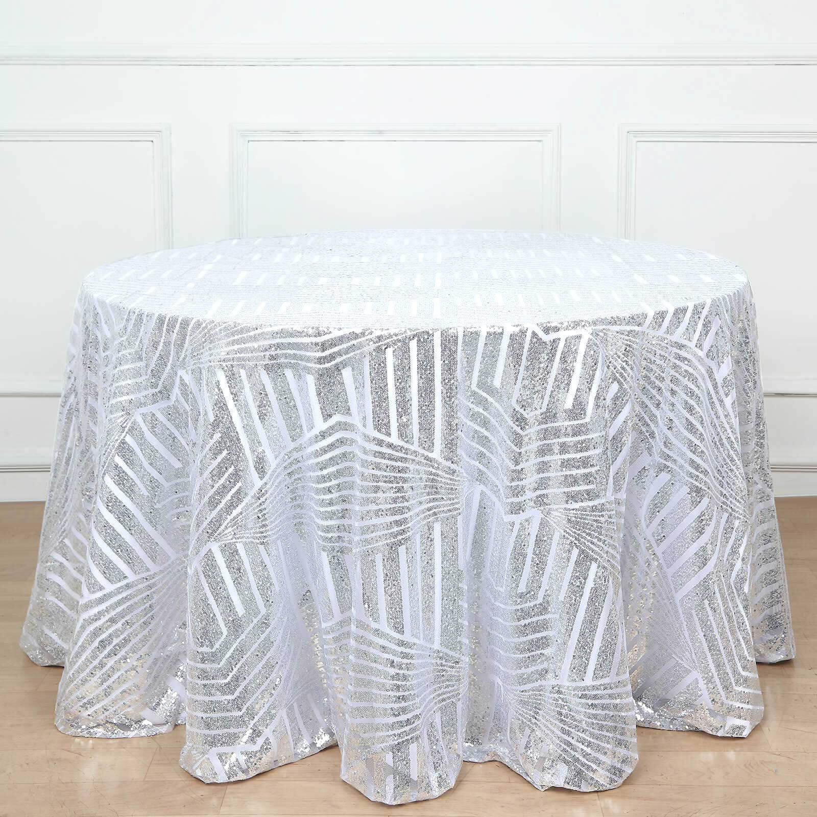 Sequin 120" Round Tablecloth Silver - Seamless Diamond Glitz Table Cover