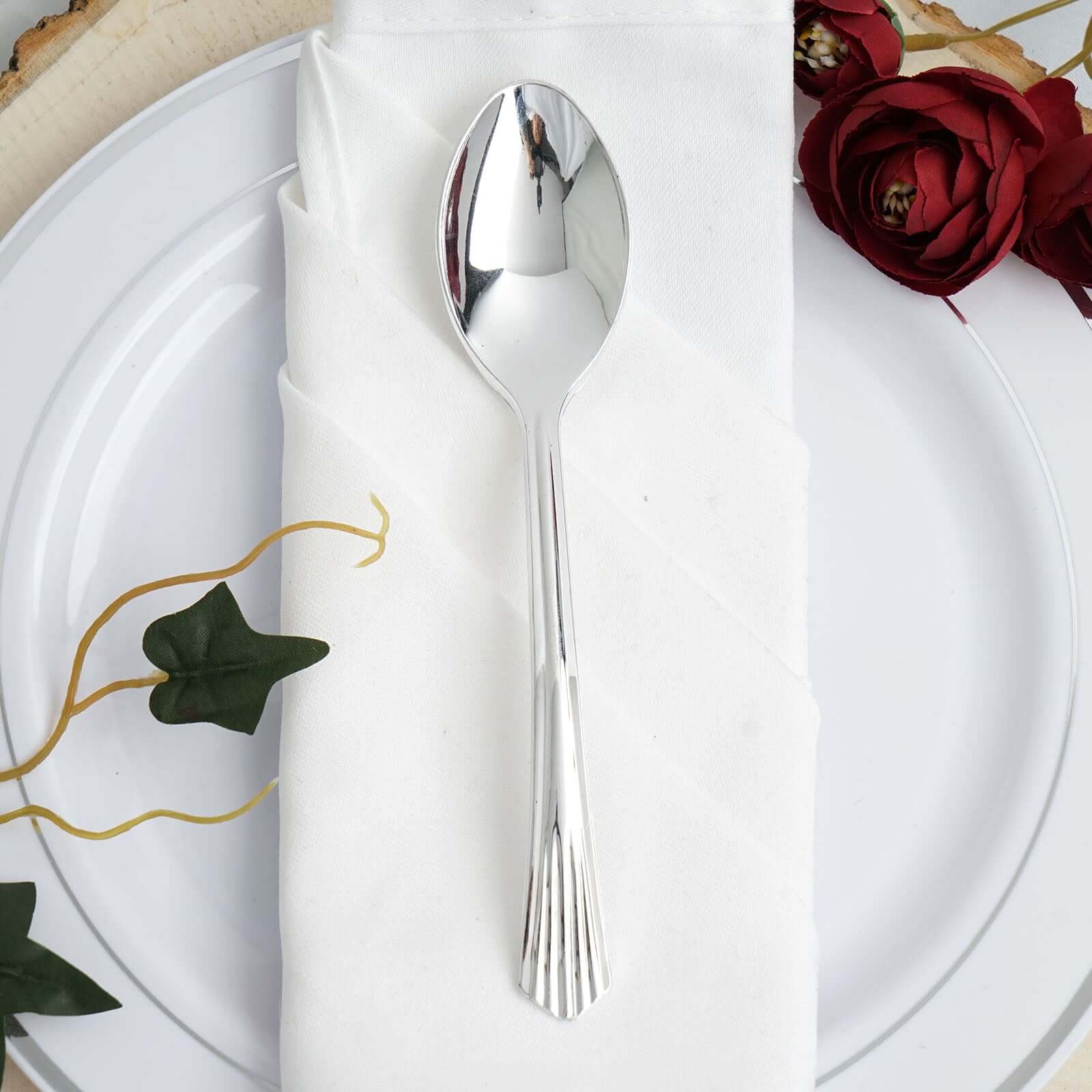 25-Pack Plastic Spoons Silver Heavy Duty with Fluted Handles - Reliable Disposable Cutlery 7"