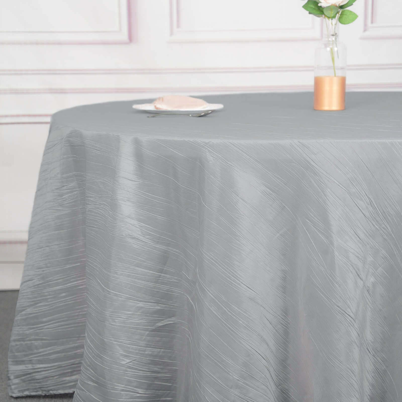 Taffeta 120" Round Tablecloth Silver - Seamless Accordion Crinkle Table Cover