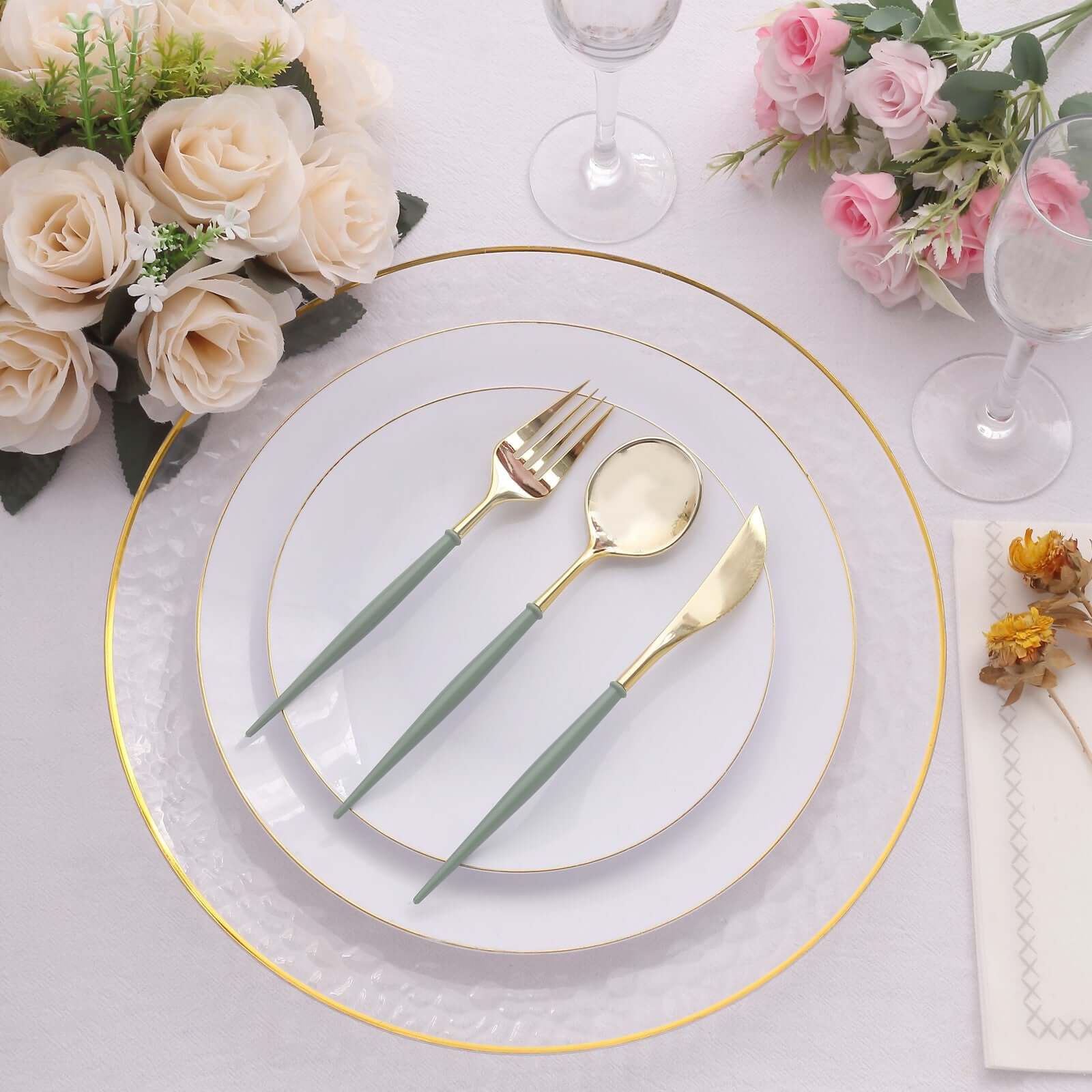 24-Pack Plastic Flatware Set in Metallic Gold with Dusty Sage Green Handle - Heavy Duty Disposable Modern Silverware 8"
