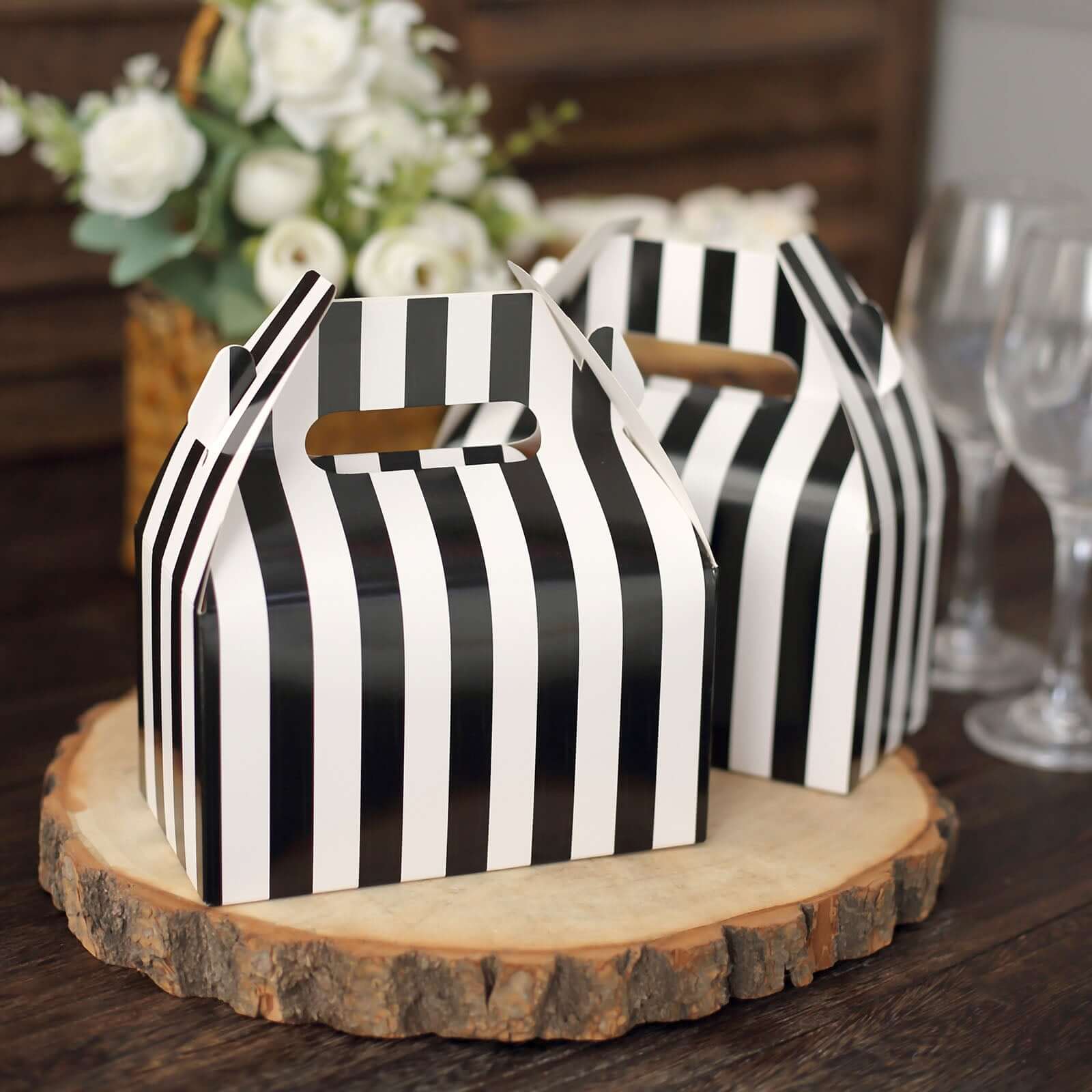 25 Pack White Black Striped Candy Gift Tote Gable Boxes, Party Favor Treat Bags - 6"x3.5"x7"
