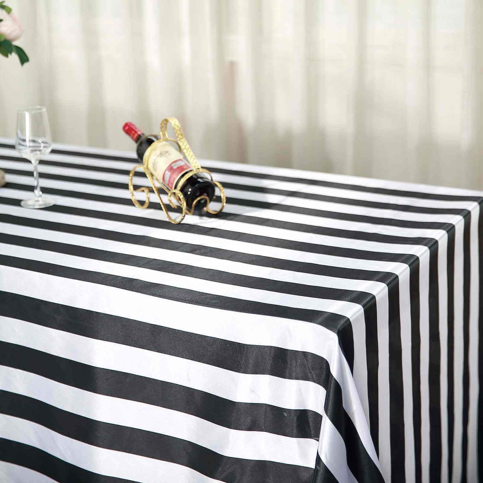 Satin 90"x156" Rectangle Tablecloth Black/White - Stripe Design with Seamless Finish Table Cover