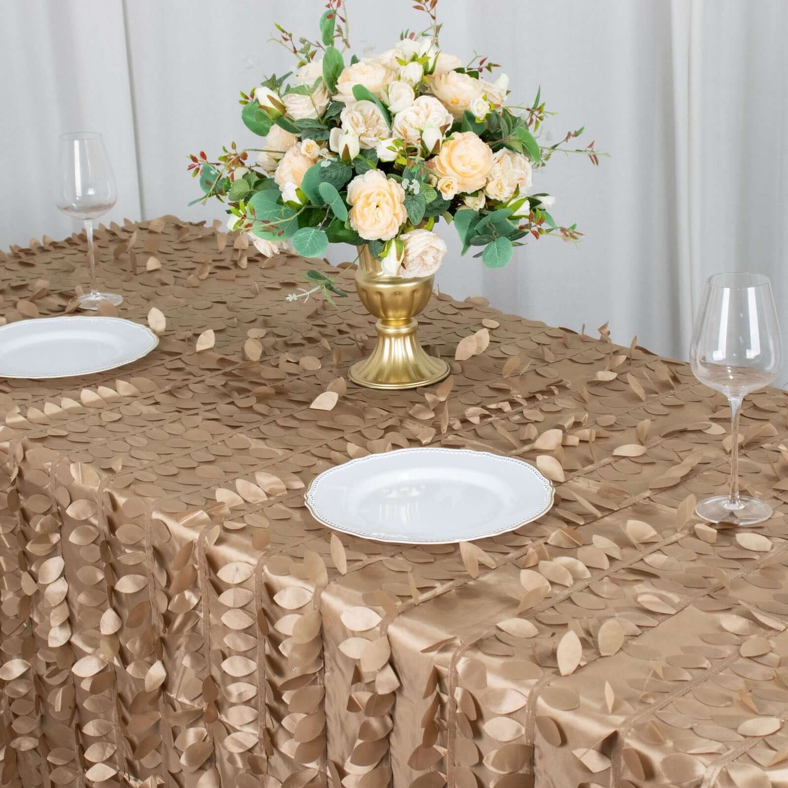 Taffeta 90"x132" Rectangle Tablecloth Taupe | 3D Leaf Petal Design Seamless Table Cover