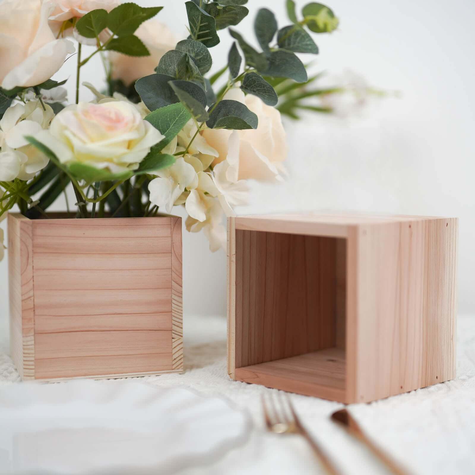 2 Pack 5" Square Tan Wood Planter Box Set, Plant Holder With Removable Plastic Liners