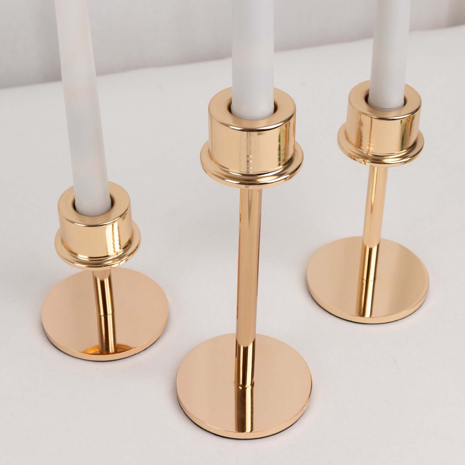 Set of 3 Metal Taper Candlestick Holders Gold with Round Base - Hurricane Candle Stands 3.5", 5.5", 8"