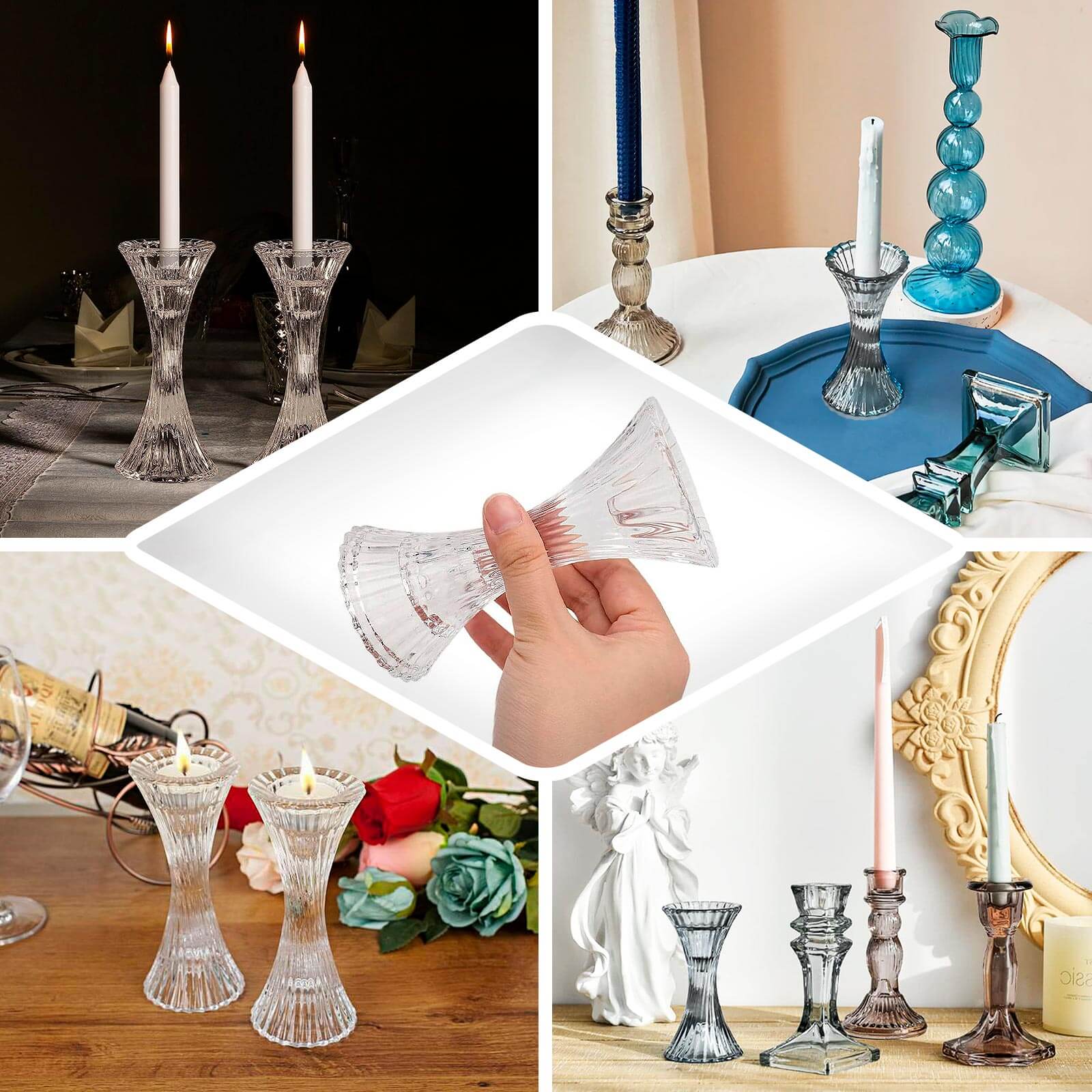 2-Pack Crystal Pillar Candlestick Stands Hour Glass Design with Diagonal Stripes Clear - Reversible Taper Holders 5"