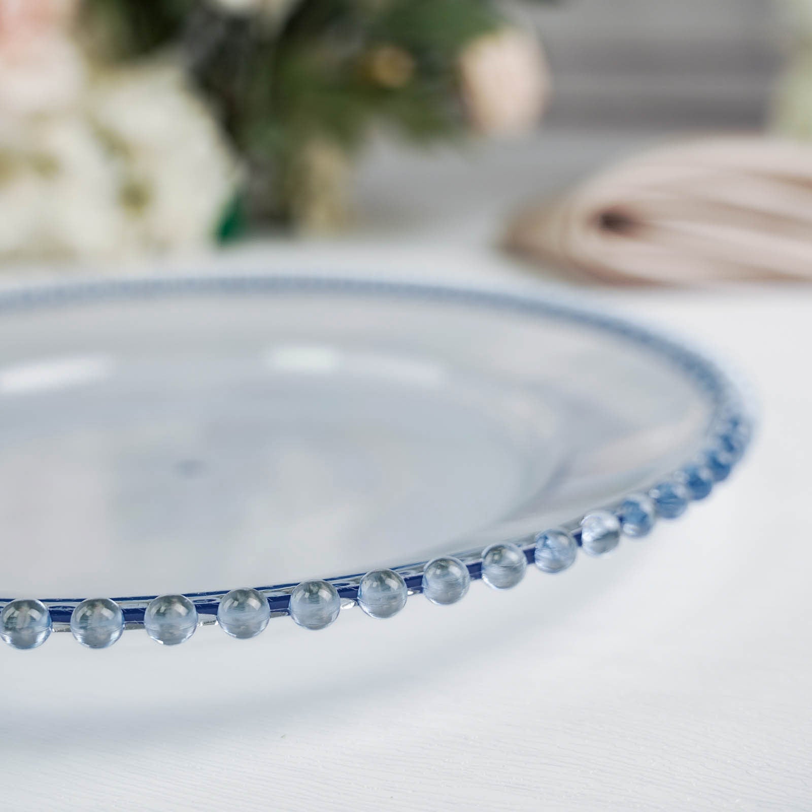 6-Pack Acrylic Round Charger Plates 13" in Transparent Dusty Blue with Beaded Rim, Decorative Dinner Party Serving Plates