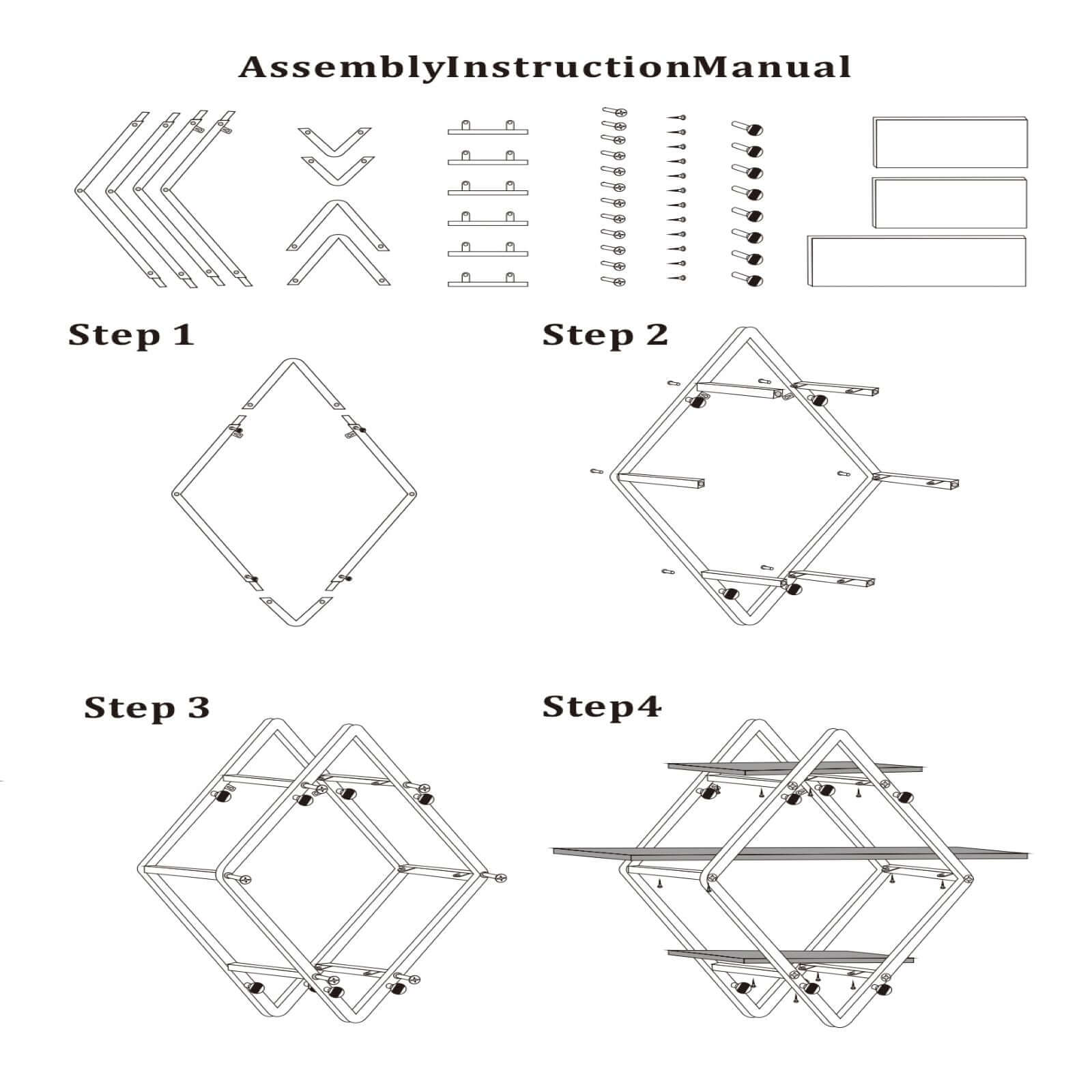 31" Geometric Diamond Shaped 3-Tier Gold Metal Dessert Cupcake Stand Rack, Wall Hanging Display Shelf Display, Book Shelf With White Wood Panels