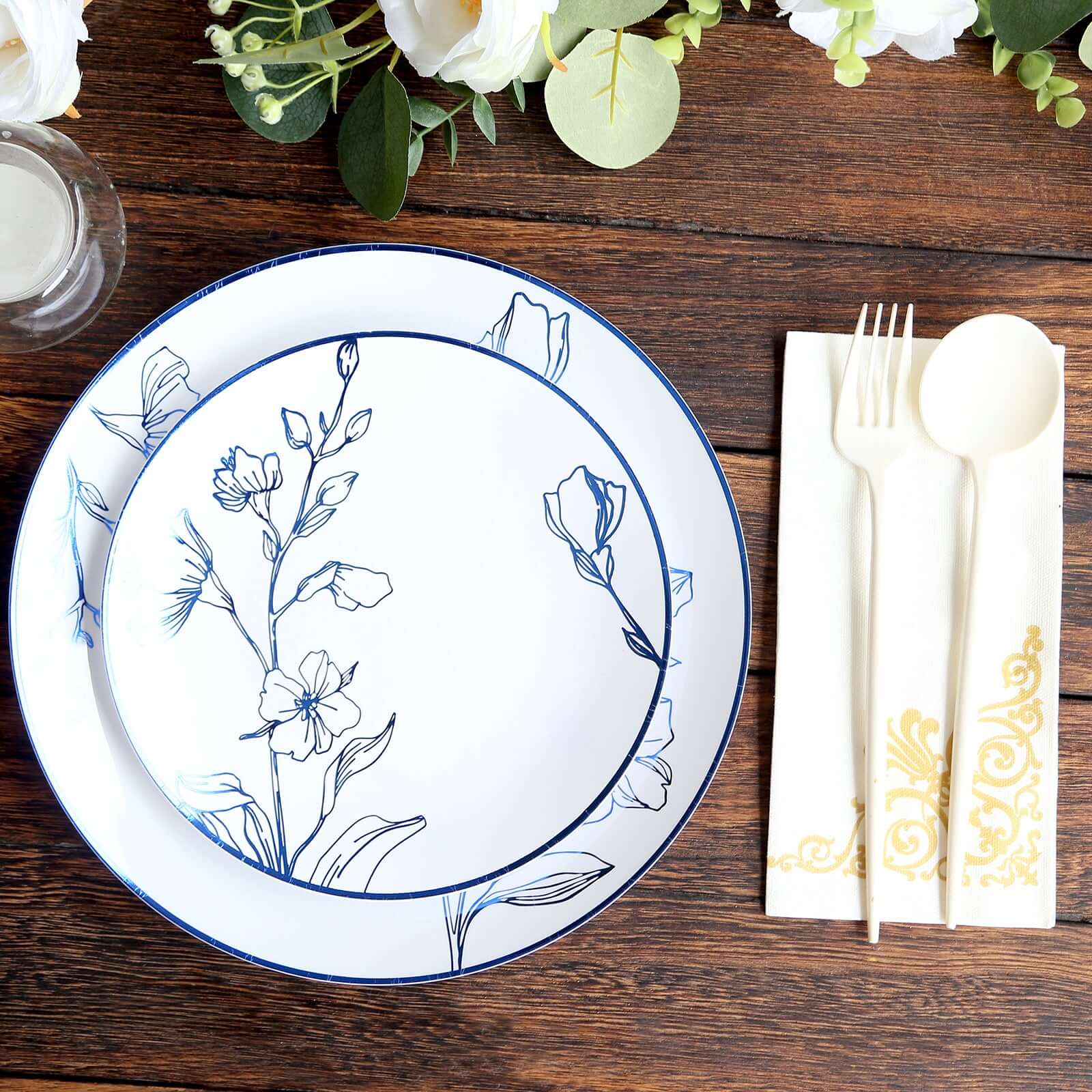 Set of 20 Plastic Round Dinner and Dessert Plates in White with Metallic Blue Floral Design - Stylish Disposable Dinnerware 8", 10"