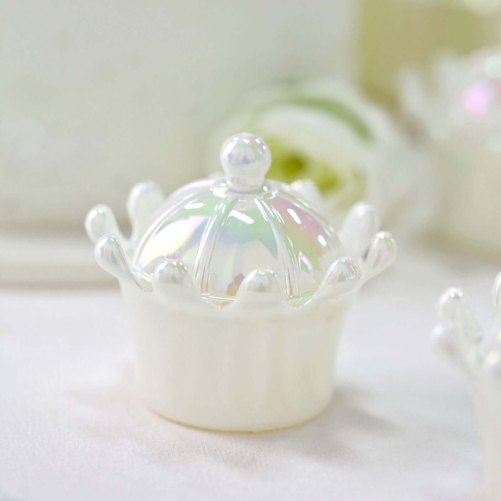 12 Pack 3" White Fillable Mini Crown Treat Favor Boxes, Small Candy Container Gift Boxes With Iridescent Dome Lids