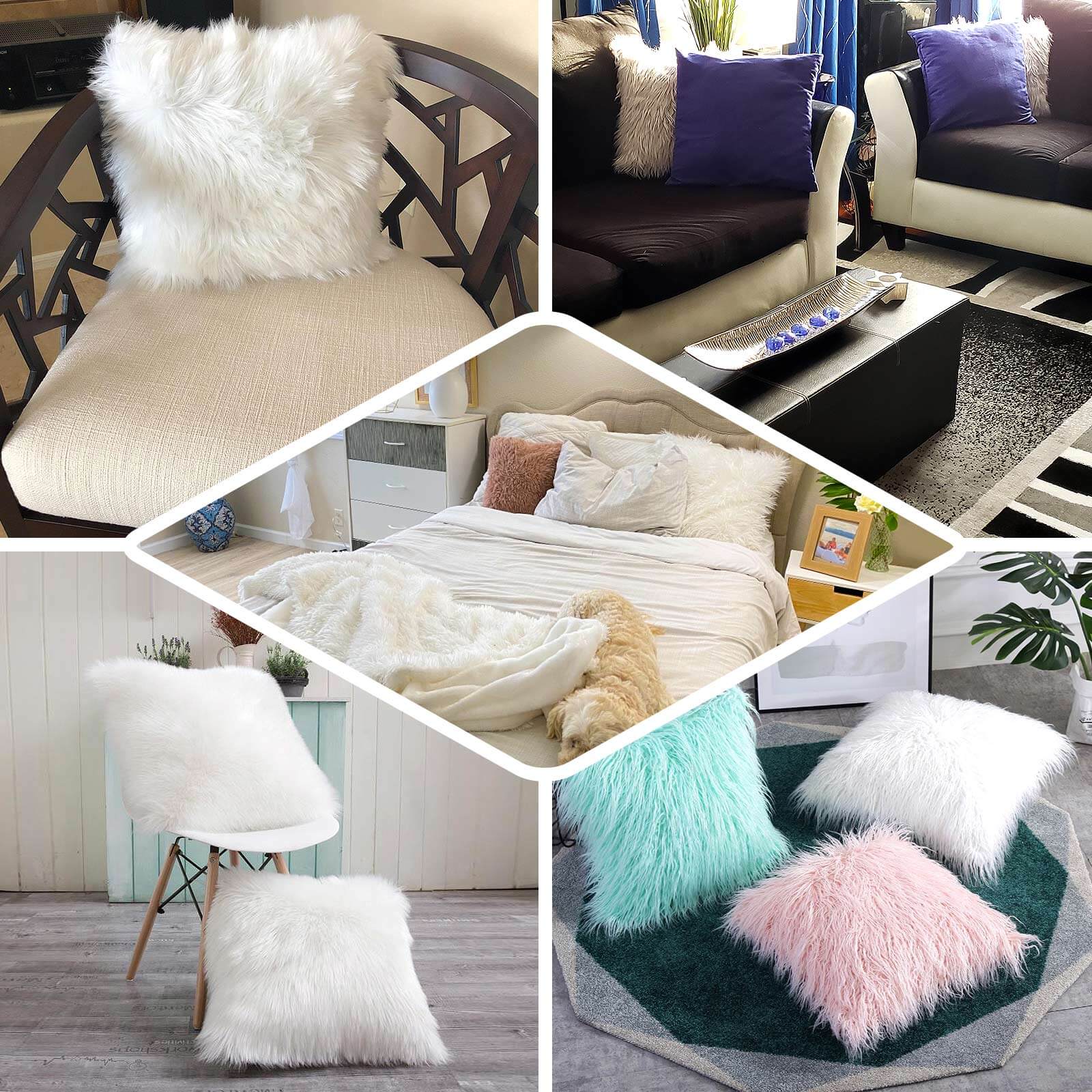 2 Pack 18" White Faux Fur Sheepskin Throw Pillow Cases, Square Pillow Covers