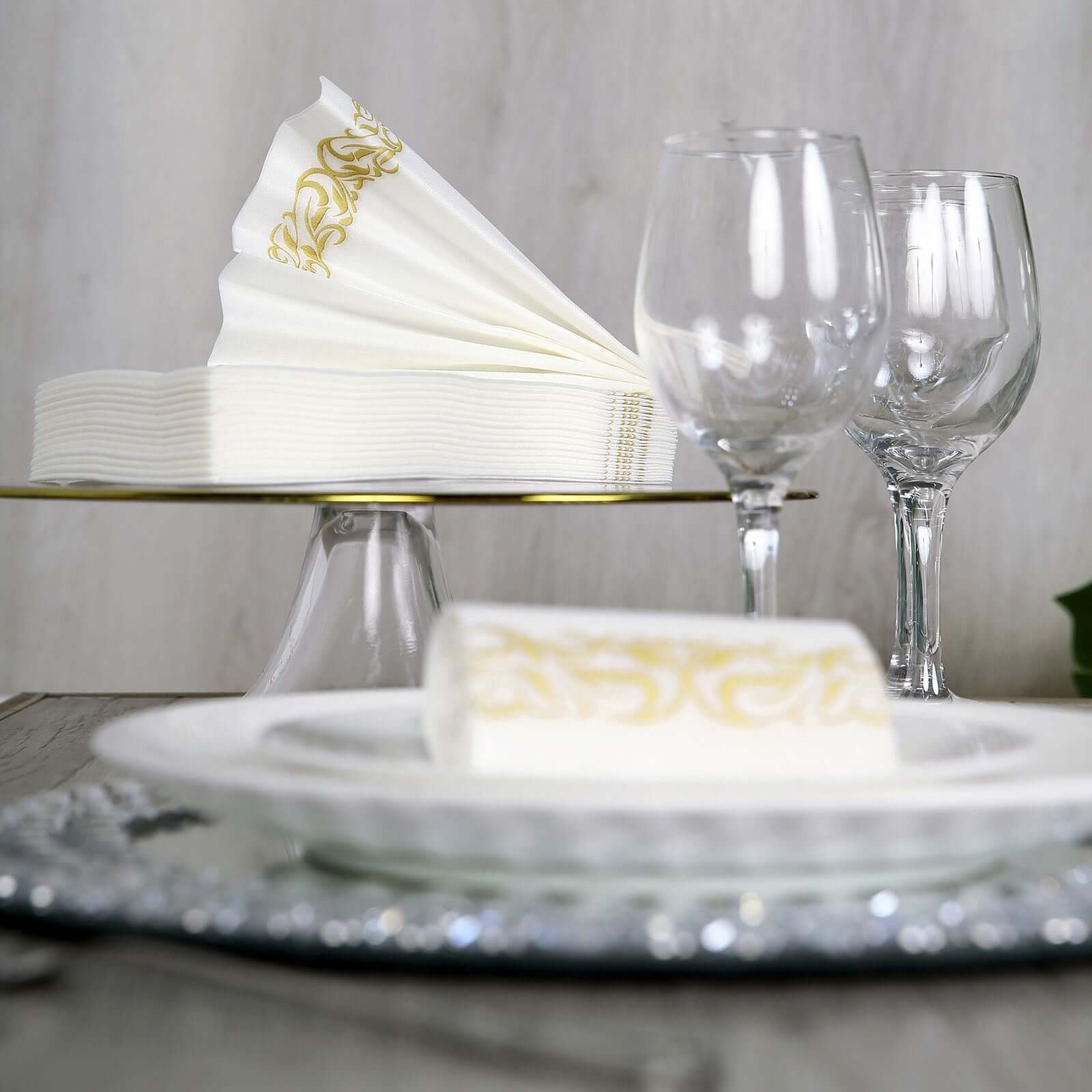 25 Pack Line-Like Paper 8"x4" Napkins White with Metallic Gold Foil Scroll Design - Soft & Absotbent Airlaid Hand Towels for Exquisite Weddings & Events