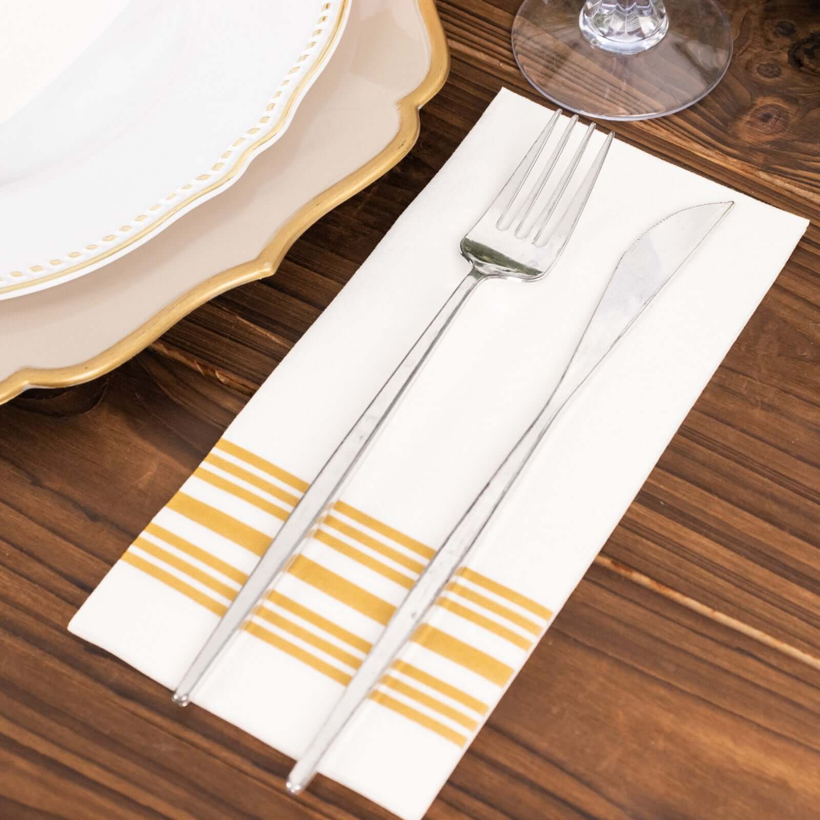 20-Pack Paper Guest Towels White Linen-Like with Gold Lines - Disposable Airlaid Napkins for Formal and Casual Use 8"x4"