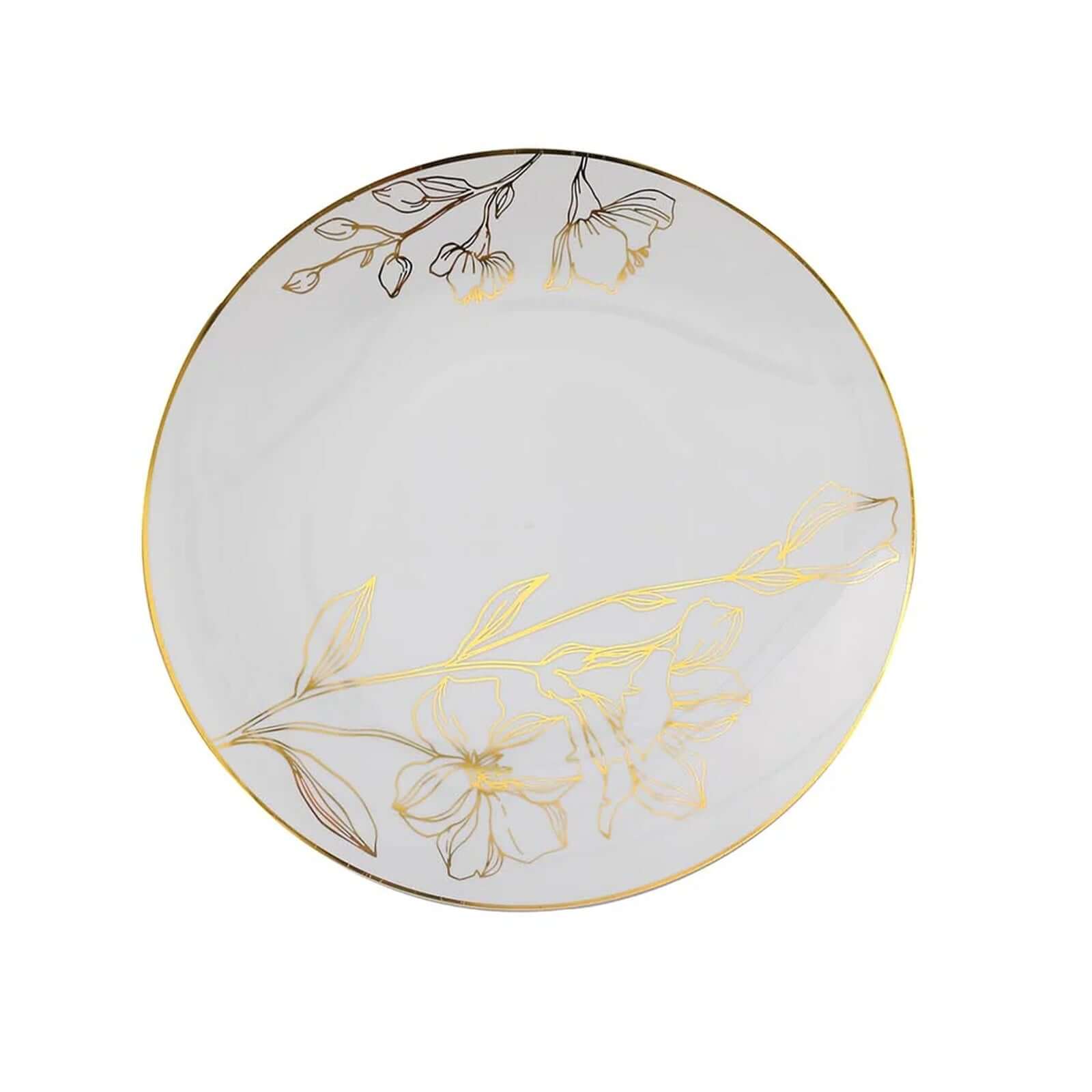Set of 20 Plastic Round Dinner and Dessert Plates in White with Metallic Gold Floral Design - Stylish Disposable Dinnerware for Banquets & Special Occasions 8", 10"