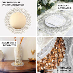 Wired Metal Round Charger Plate 14" in Rose Gold with Acrylic Crystal Beads, Glamorous Decorative Dinner Charger Tableware