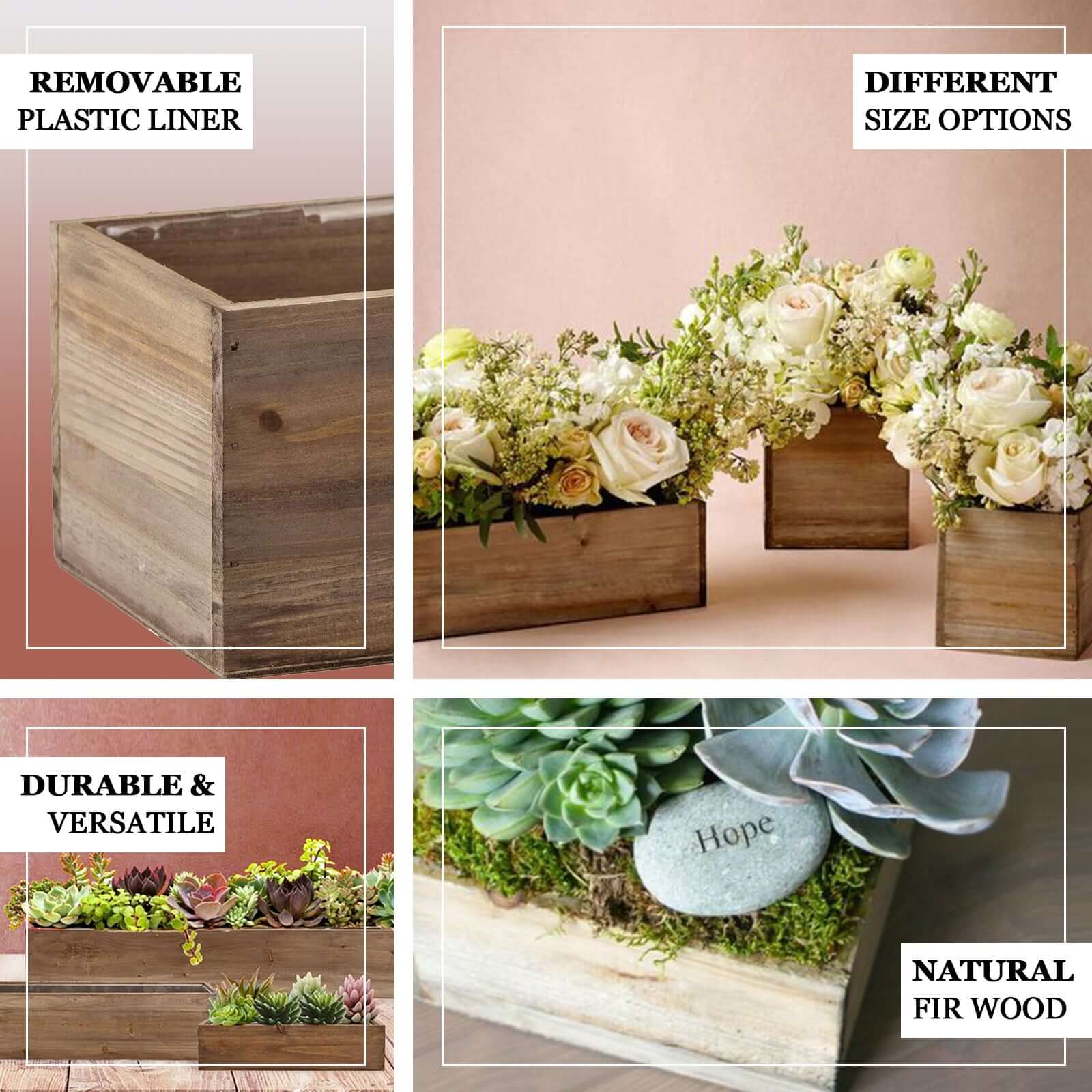 Natural Wood Planter Rectangular Box 18"x6"- Durable Decor with Removable Plastic Liner for Table Displays