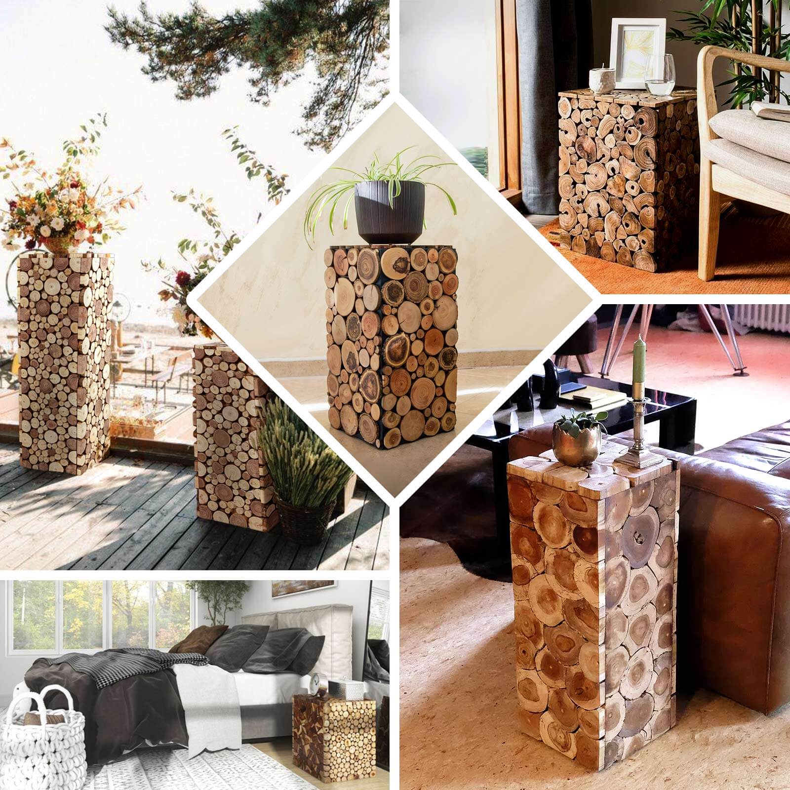30" Natural Wooden Slices Pillar Prop Pedestal Stand, Rustic Farmhouse Wood Riser Rectangular Plant Stand