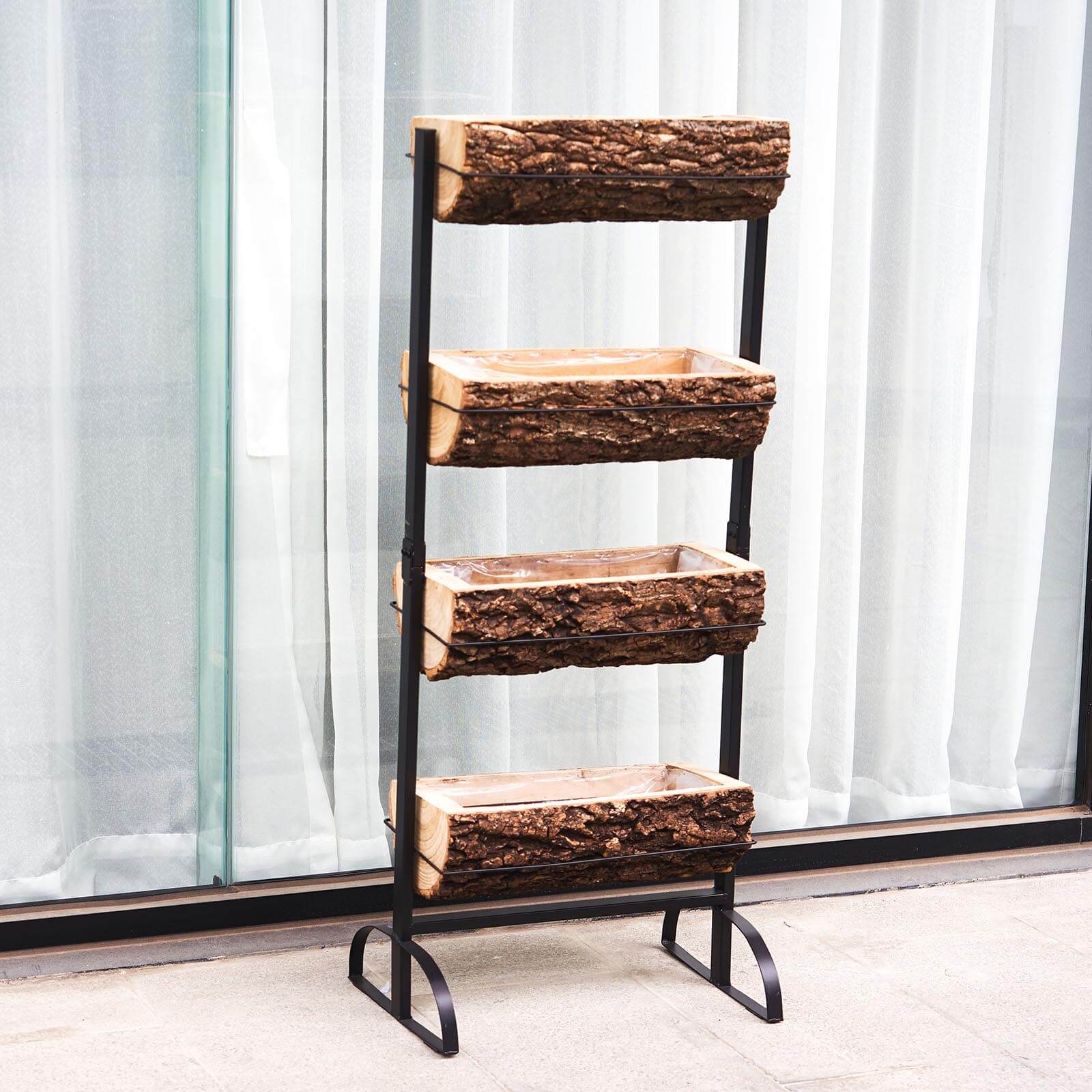 42" 4-Tier Metal Ladder Plant Stand With Natural Wooden Log Planters