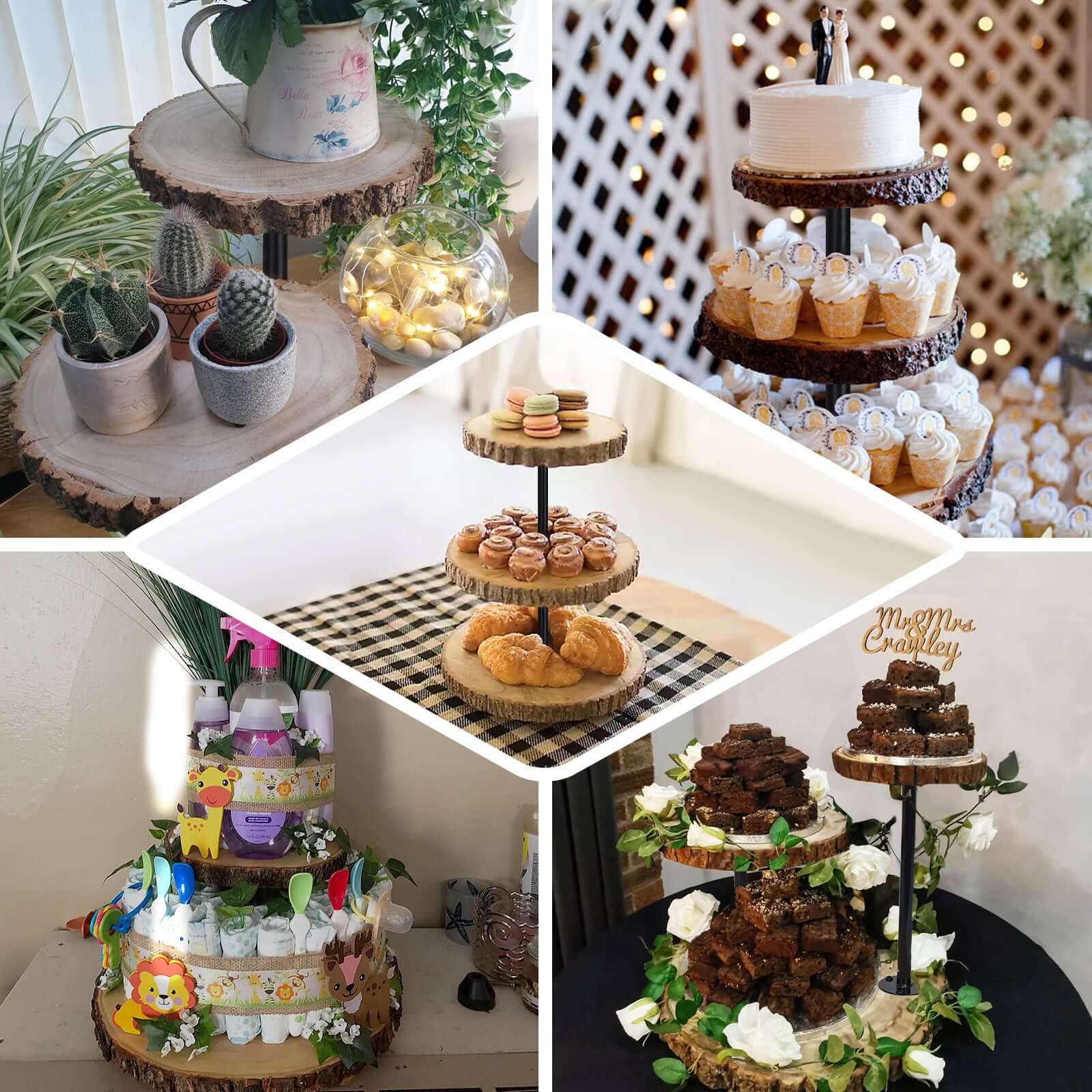 3-Tier Wooden Cheese Board Stand Natural Wood Slice Design - Rustic Cupcake Centerpiece with Assembly Tools 14"