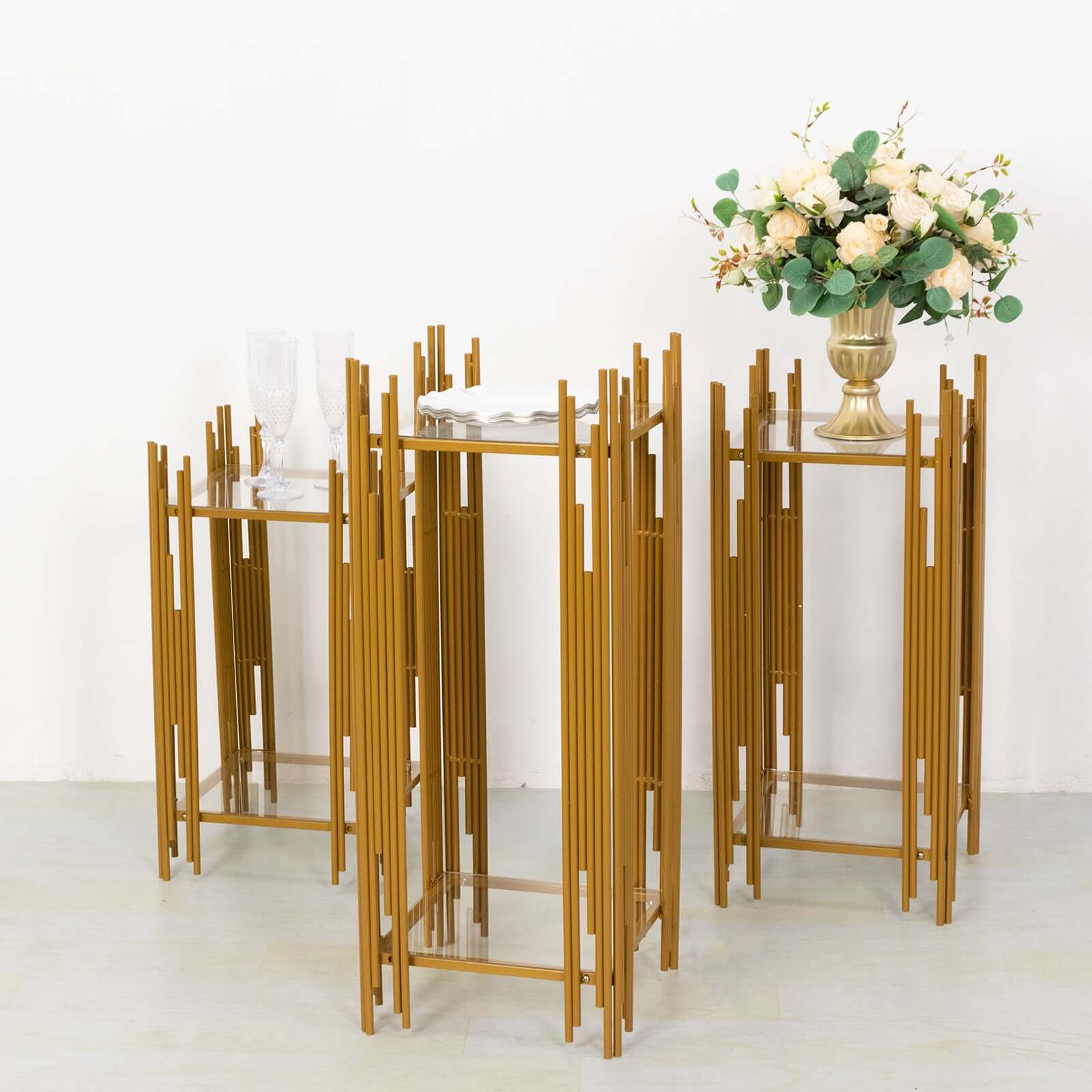 Set of 3 Wedding Pedestal Stands Square Acrylic Plate Design Gold - Metal Flower Display Plinths 26",30",34"