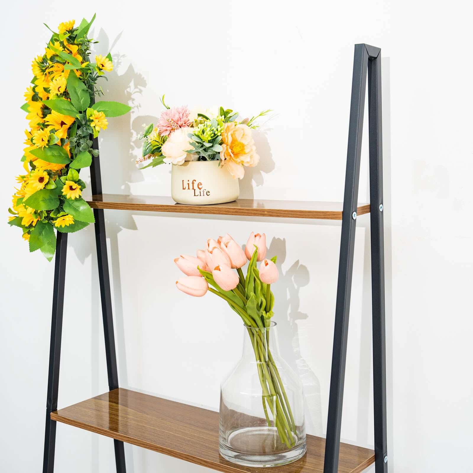 5ft 4-Tier Metal Leaning Ladder Bookshelf Stand With Natural Wood Racks for Events