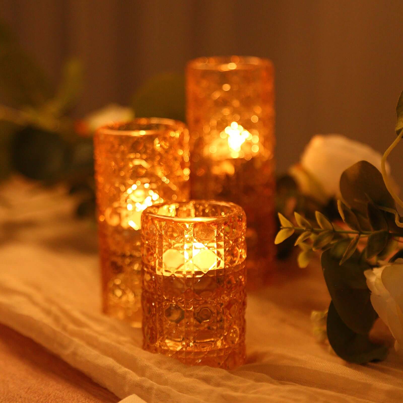 Set of 3 Glass Taper Candle Holders Amber Gold with Gemstone Pattern - Dual Sided Crystal Cylinder Tealight Stands 3", 4", 5.5"