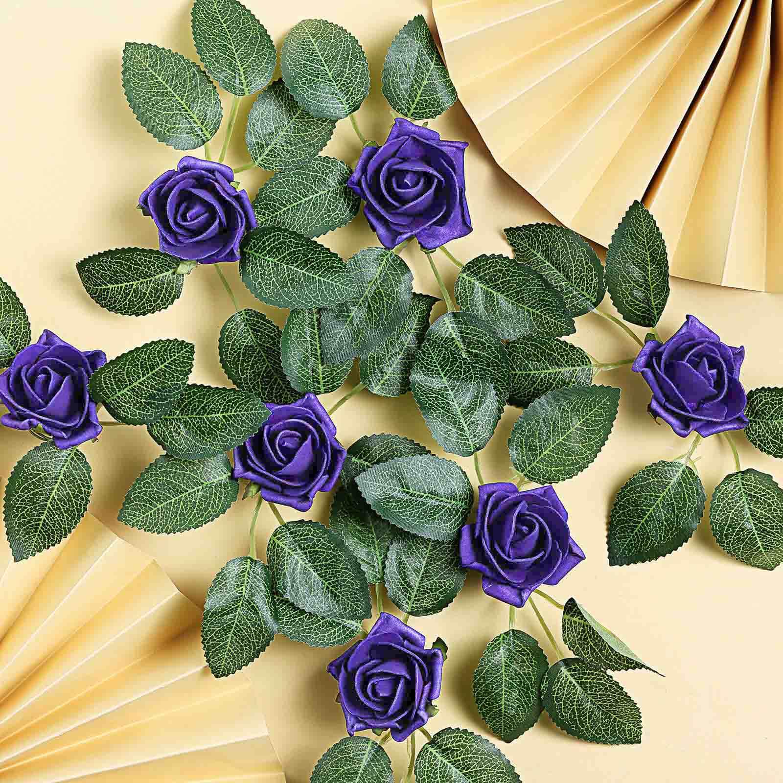 24 Roses 2" Purple Artificial Foam Flowers With Stem Wire and Leaves
