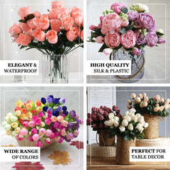 12 Bushes White Artificial Premium Silk Flower Rose Bud Bouquets